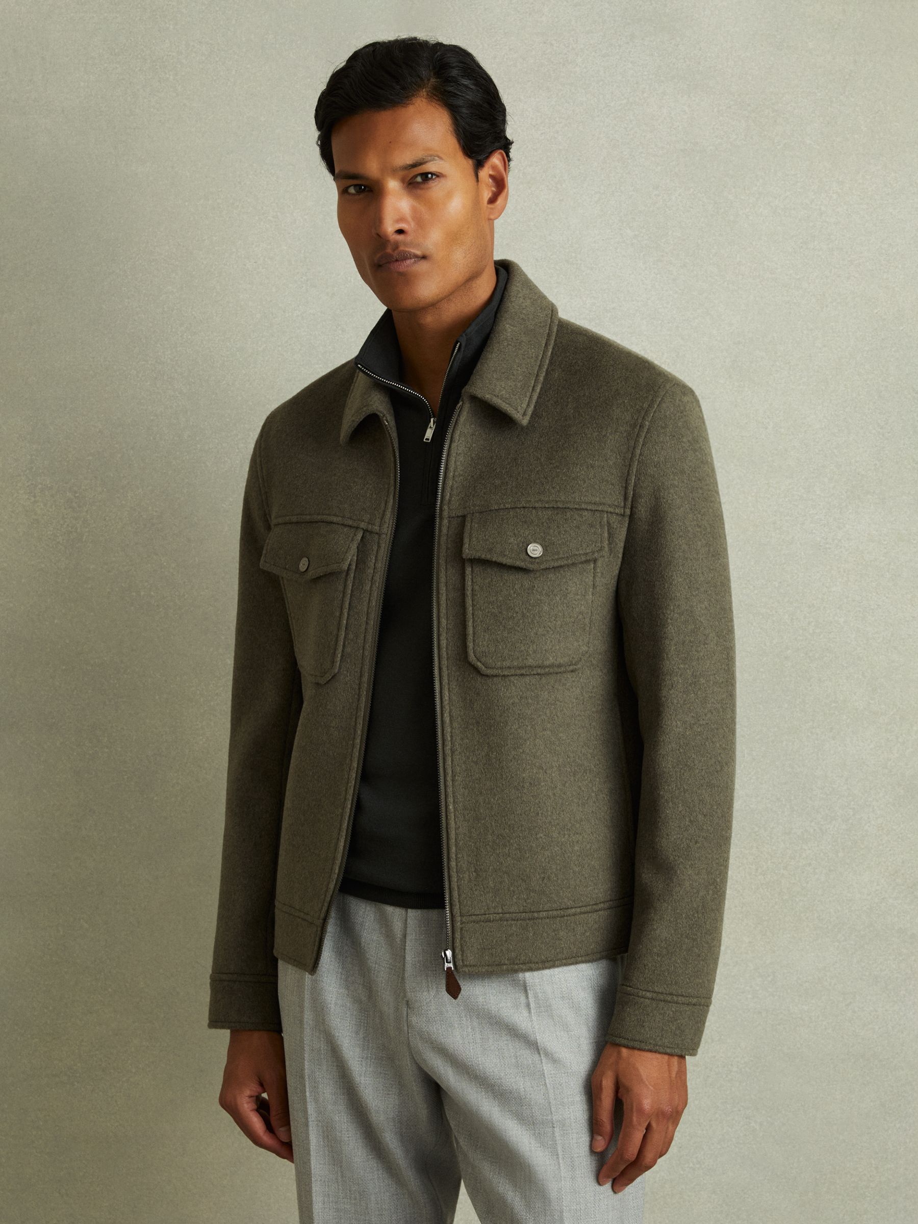 Zip-Through Trucker Jacket with Wool in Green Smoke