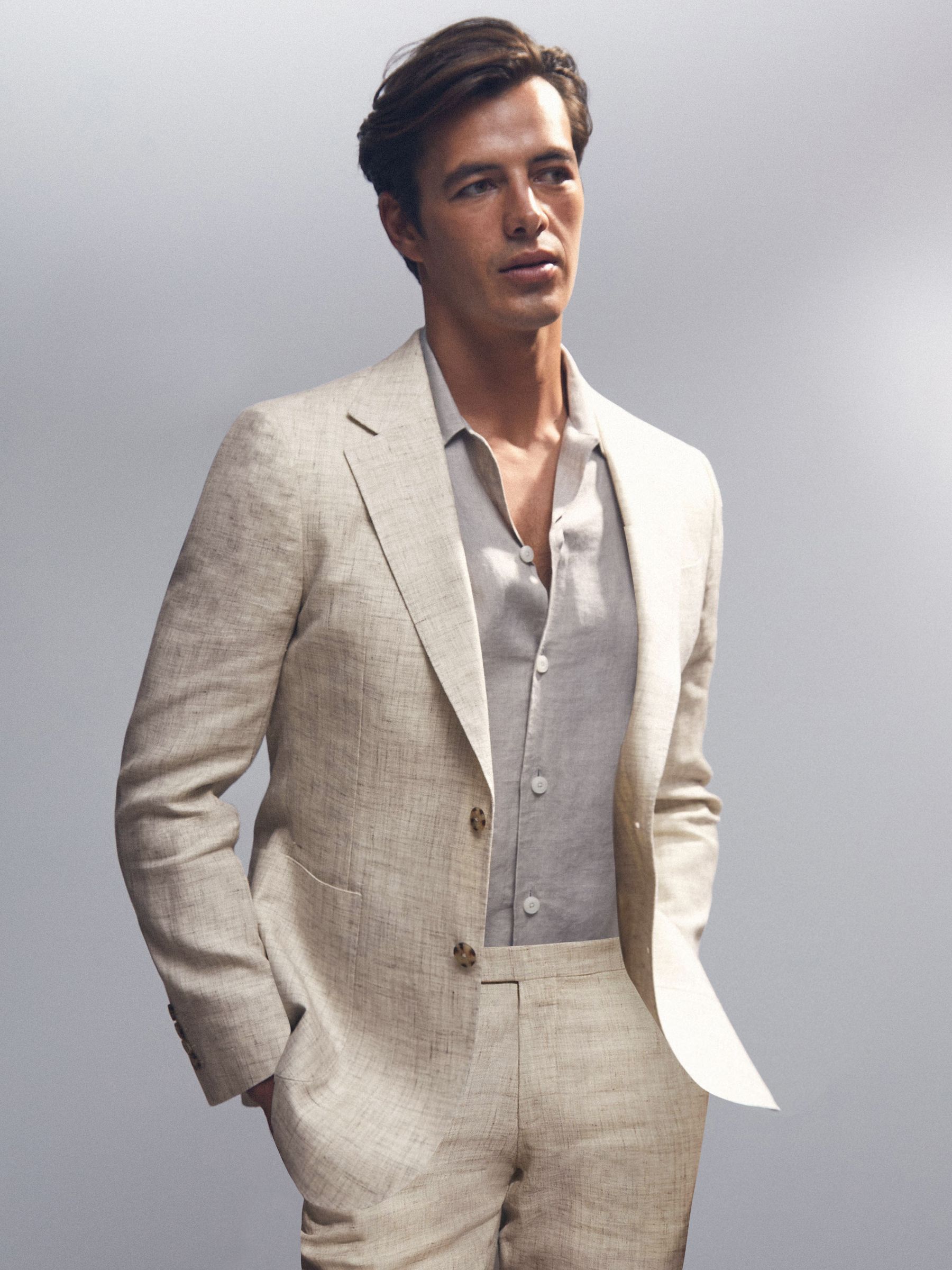 Linen-Cotton Single-Breasted Suit Blazer Slim-Fit in Stone