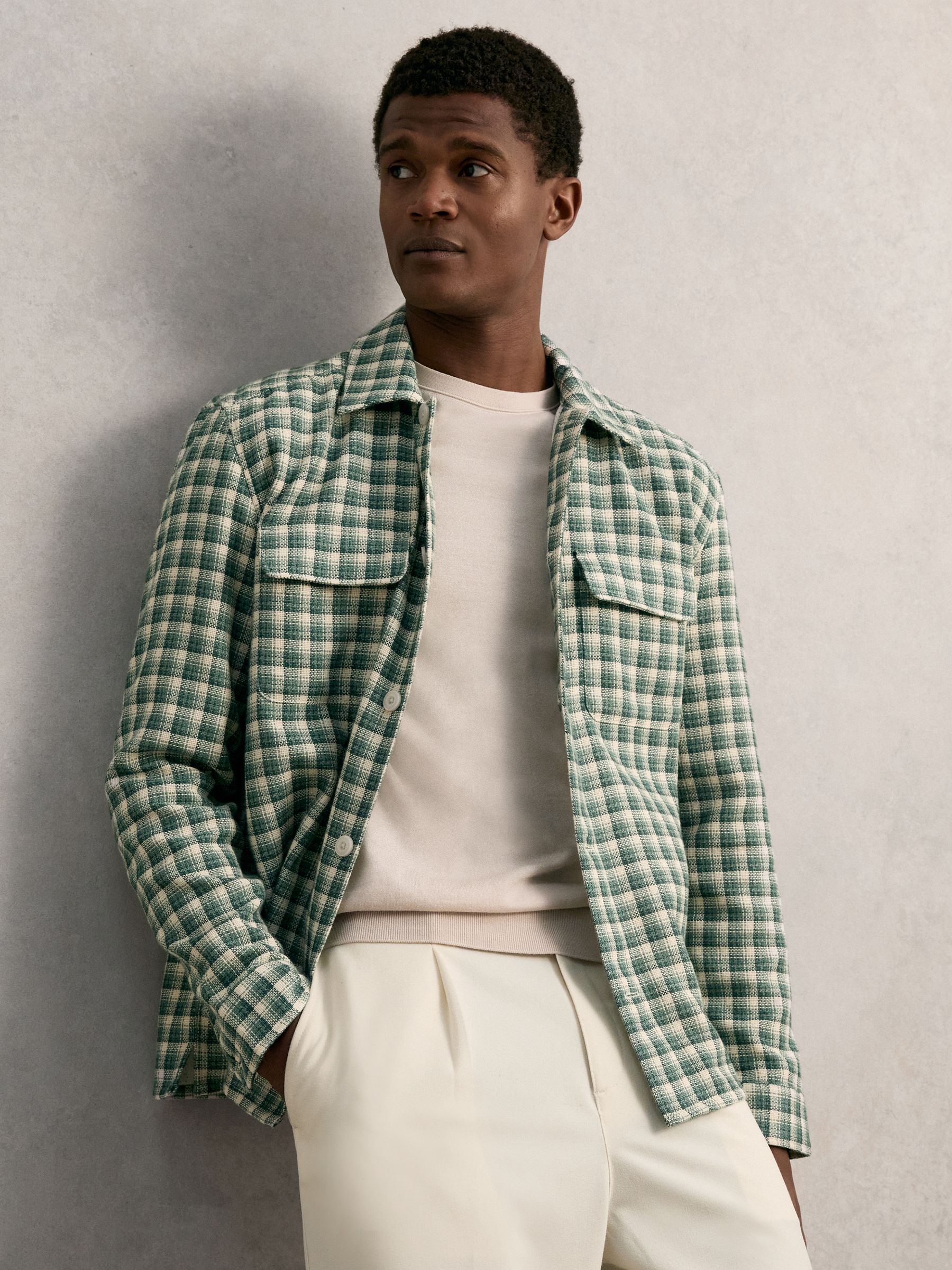 Woven Check Twin Pocket Overshirt in Green Multi