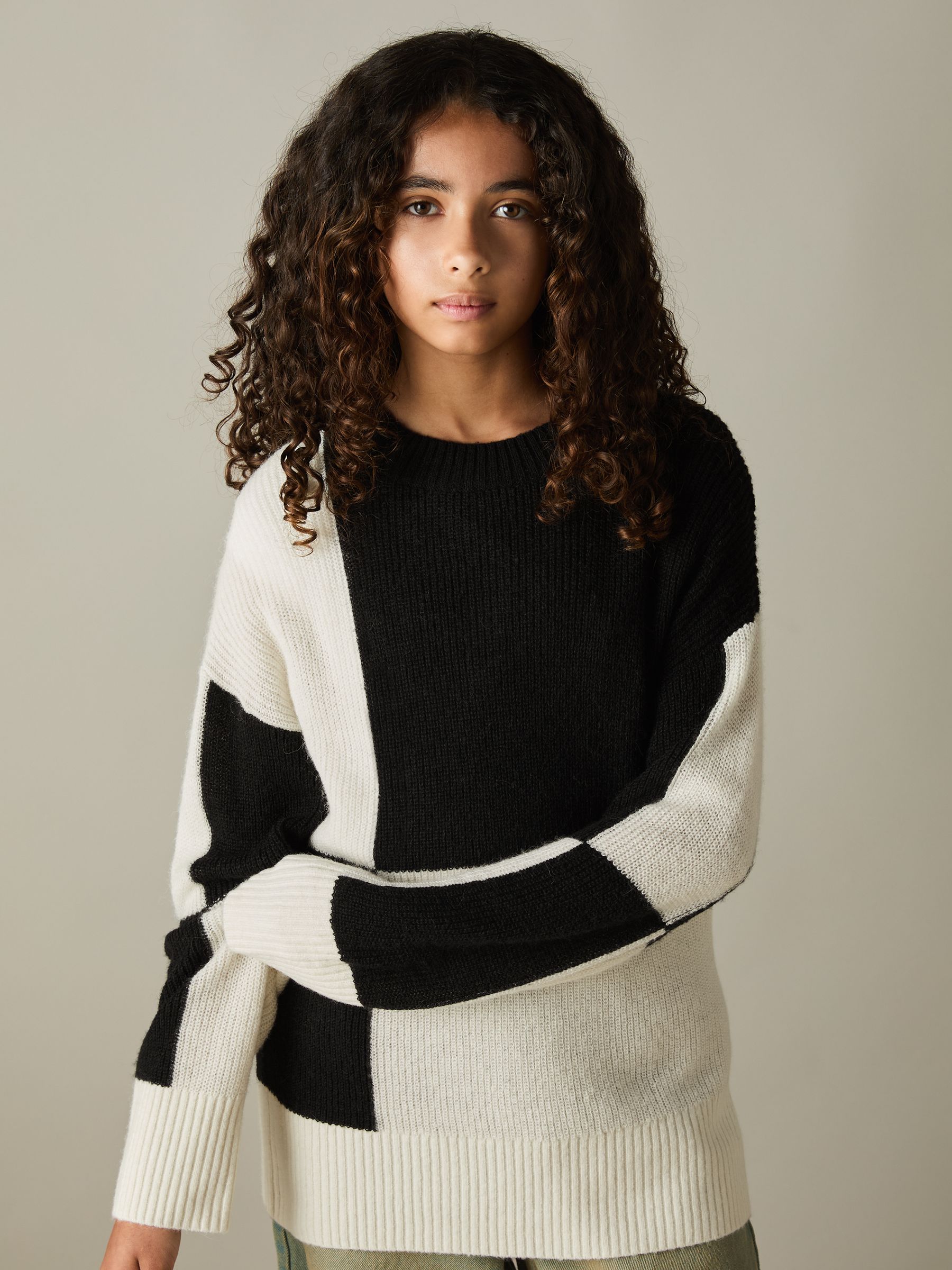 13-14 yrs Colourblock-Intarsia Jumper with Wool and Alpaca in Black
