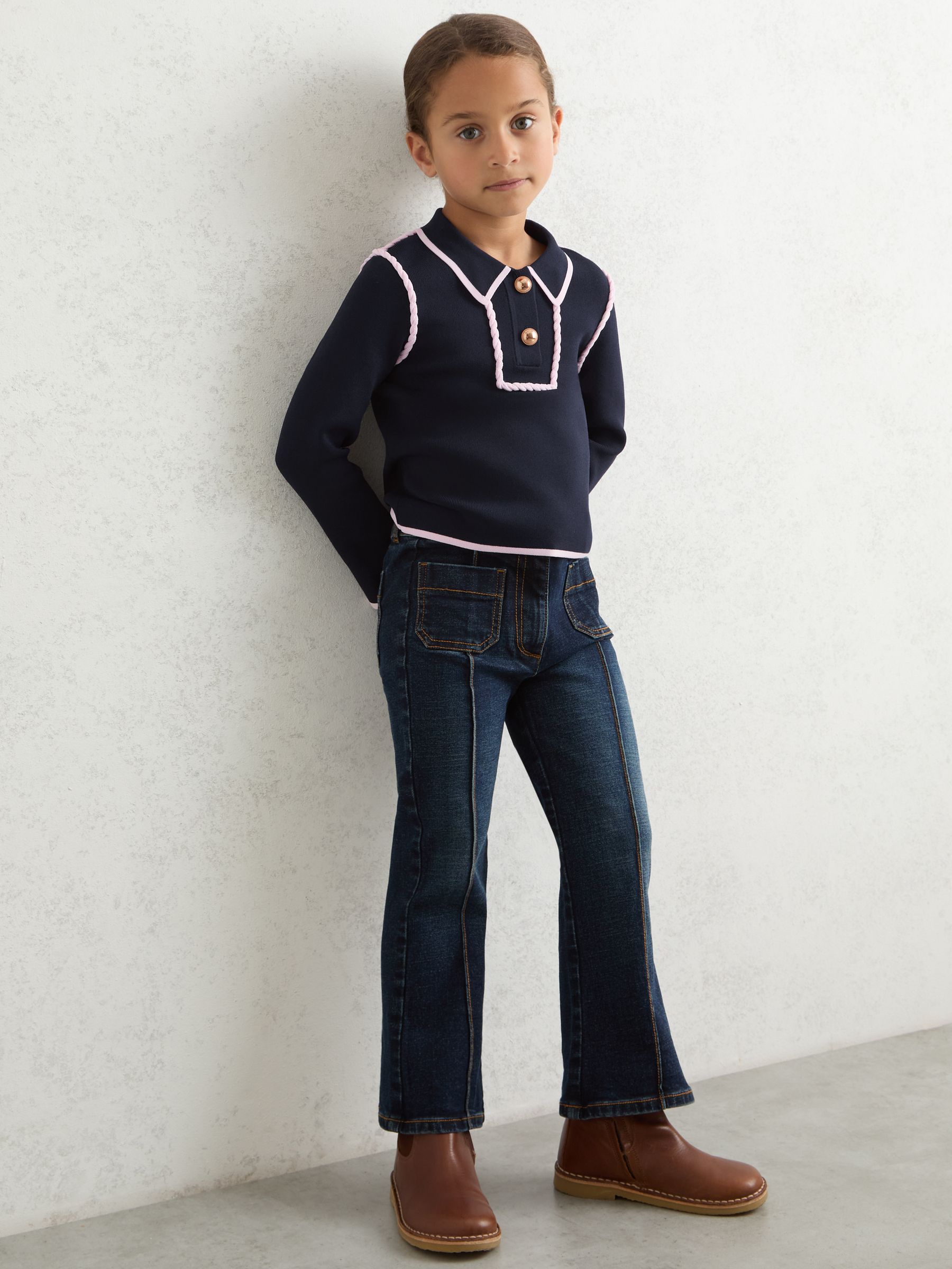 3-9 yrs Piped Knitted Collar Top in Navy
