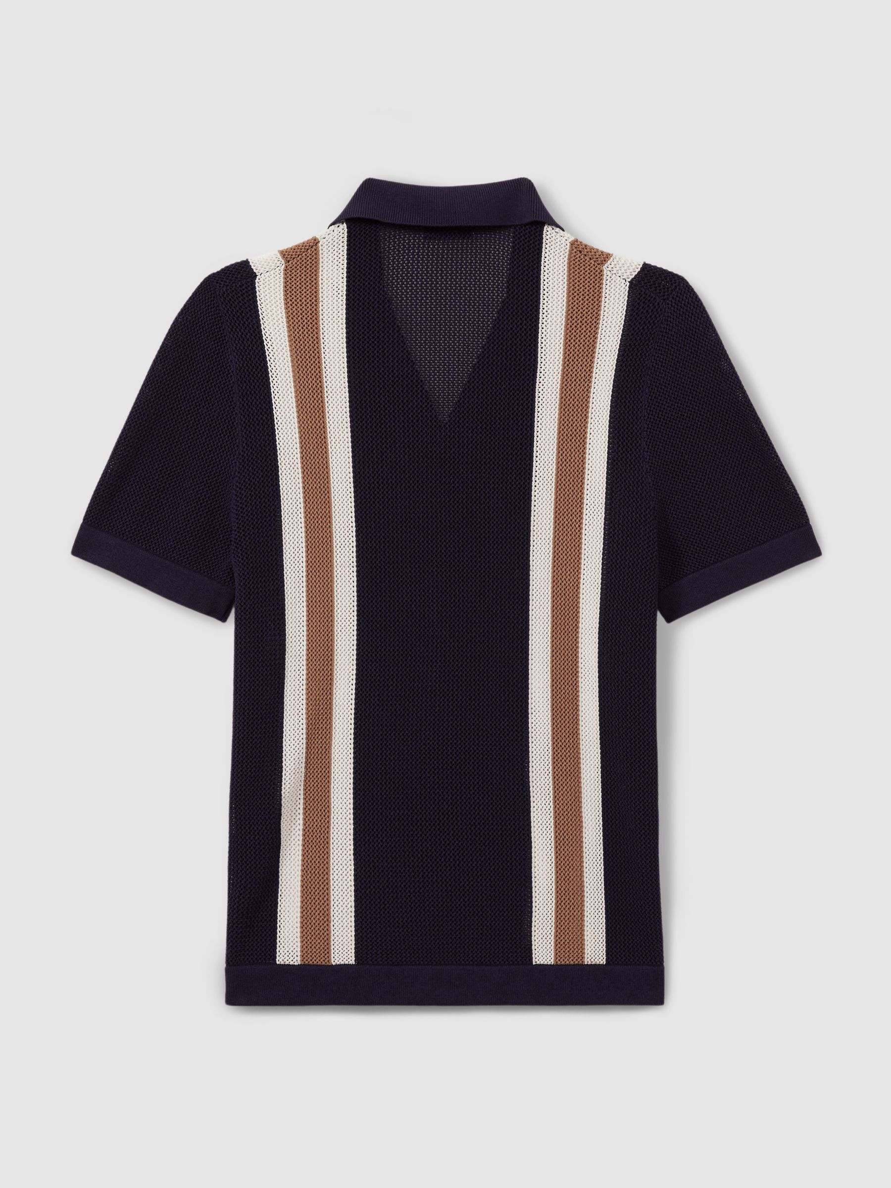 Reiss | Ché Knitted Contrast Stripe Cuban Collar Shirt in Navy/Camel