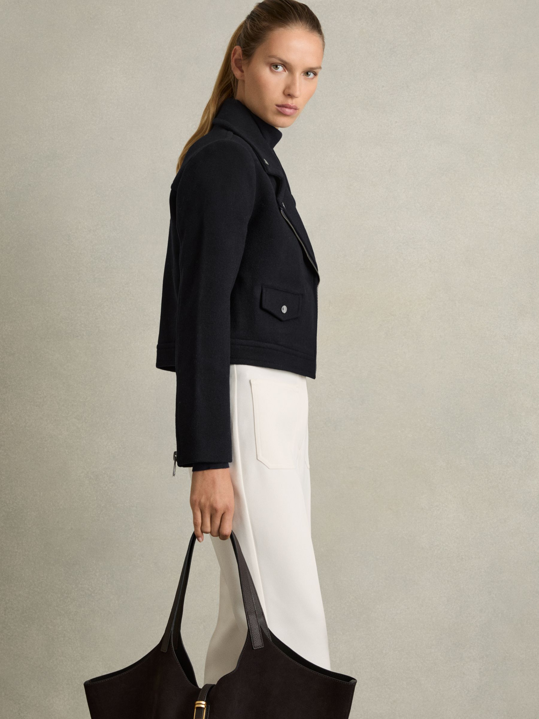 Wool-Blend Biker Jacket in Navy