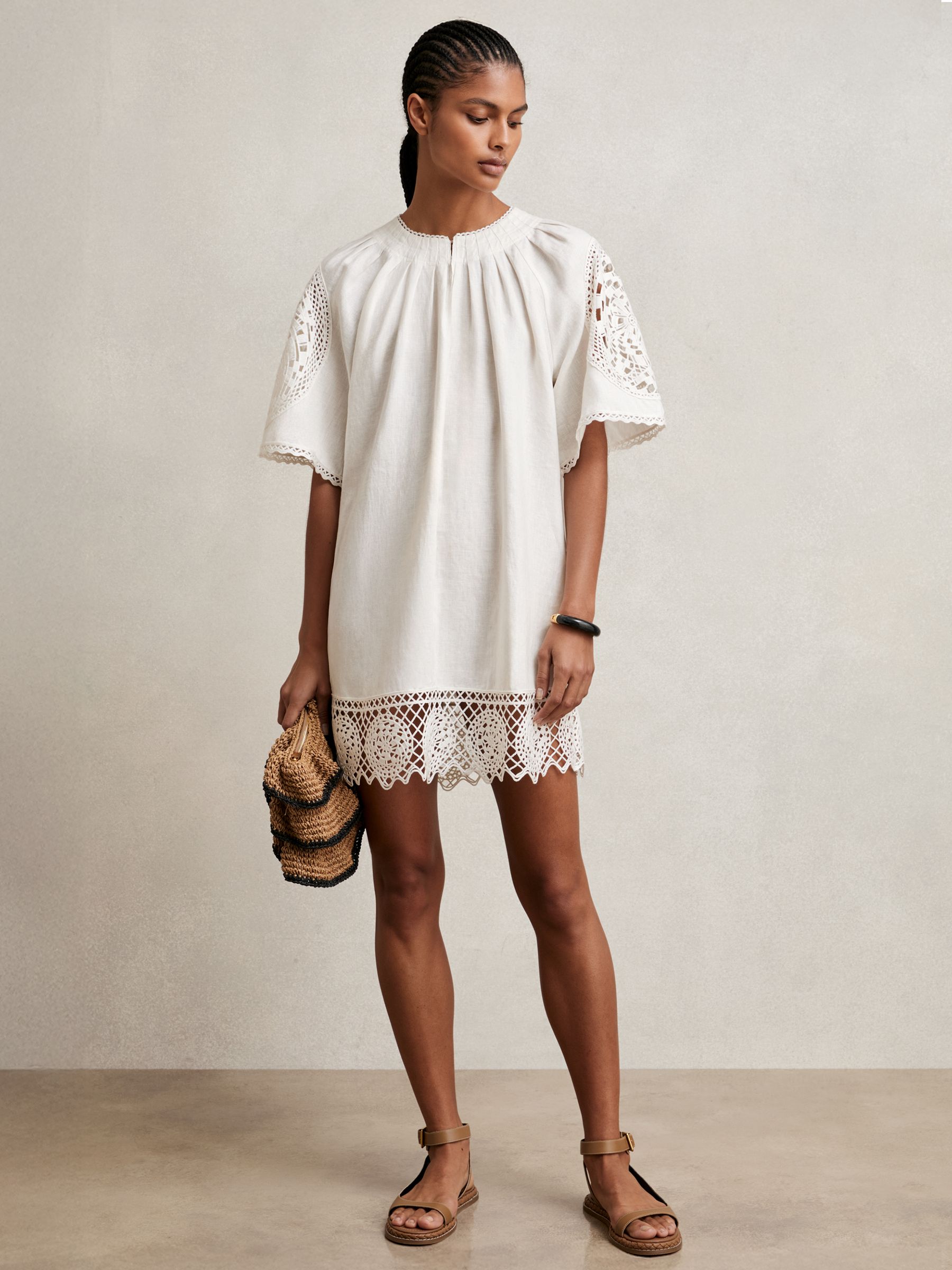 Linen Embroidered Shift Dress in Ivory
