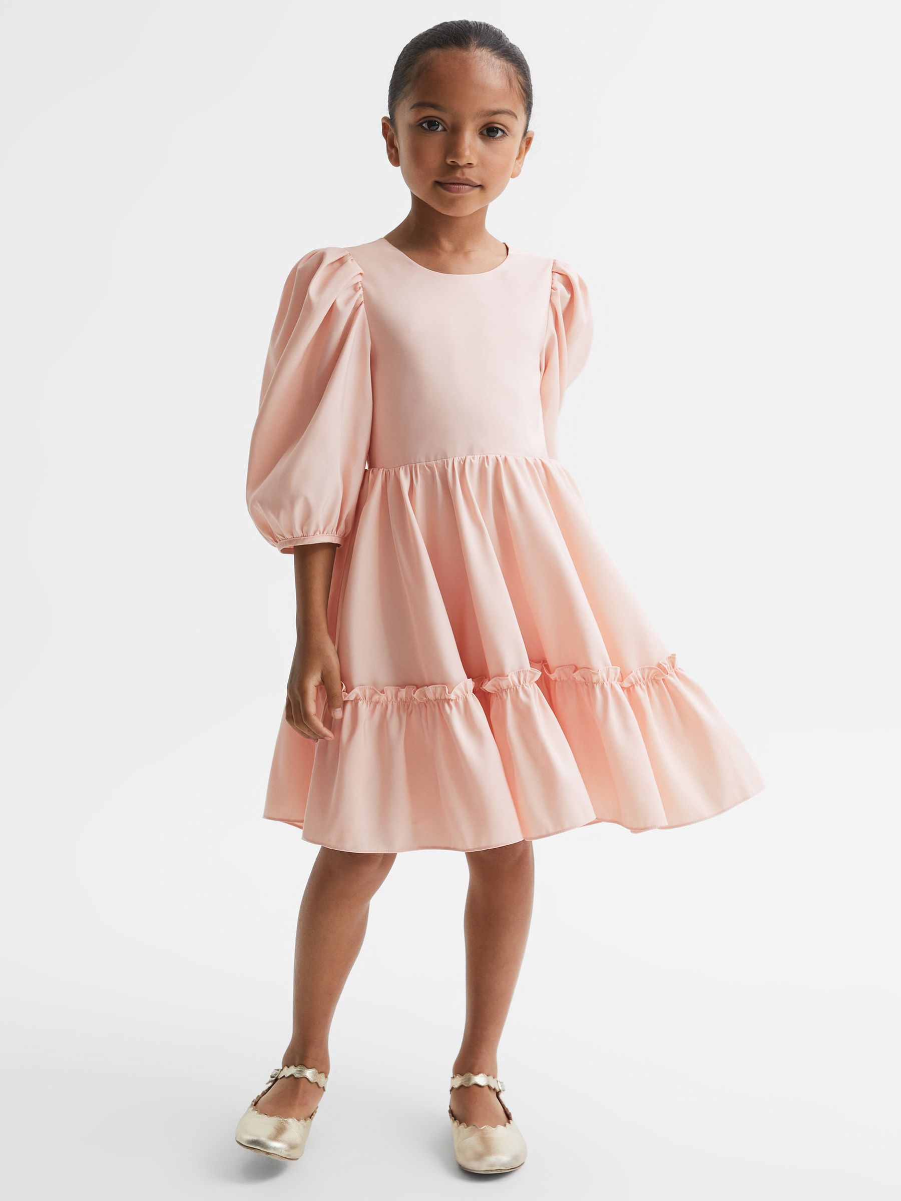 9-13 yrs Mini Puff Sleeve Ruffle Dress in Pink