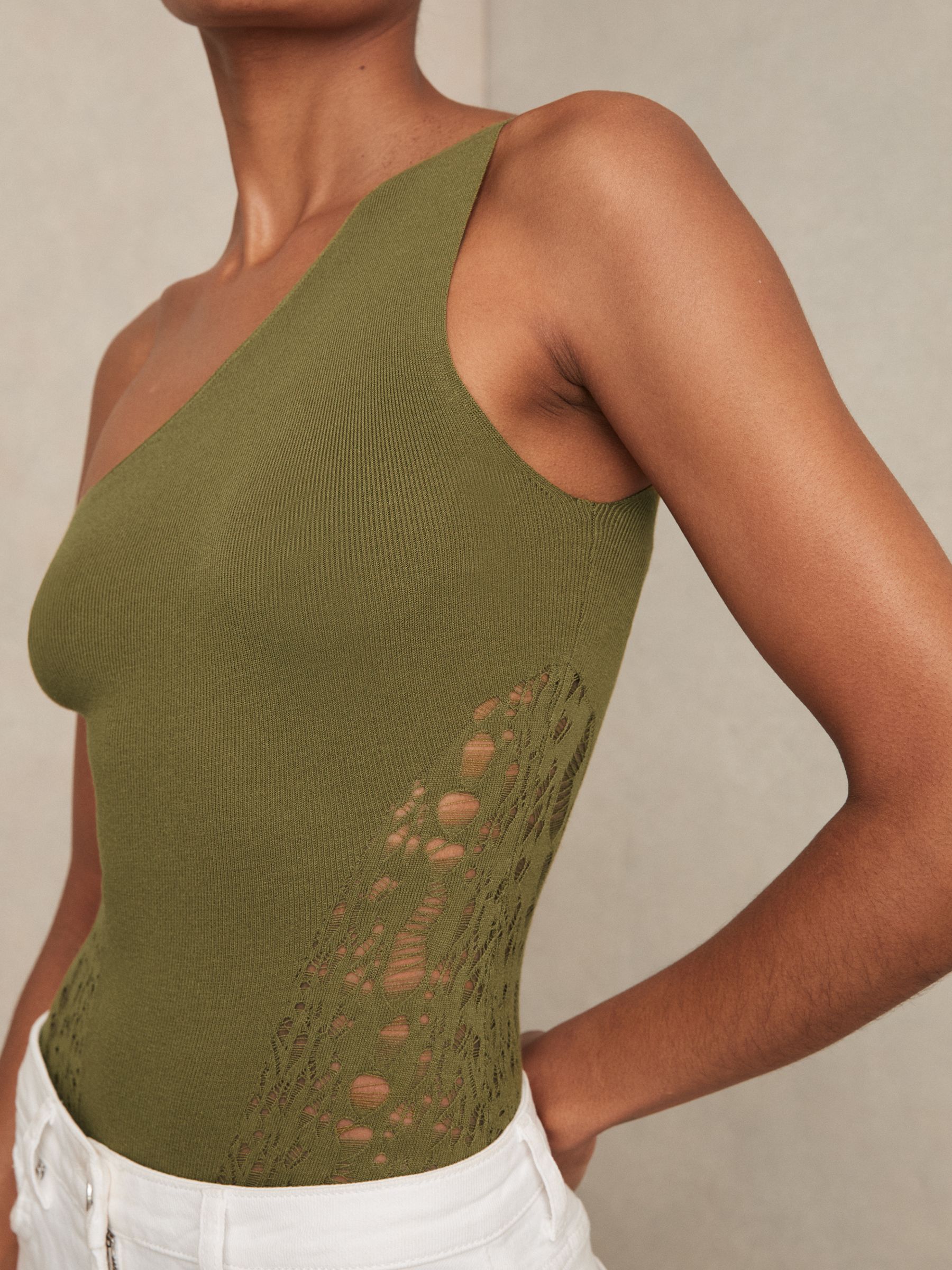 Lace-Knit Detail One-Shoulder Bodysuit in Green