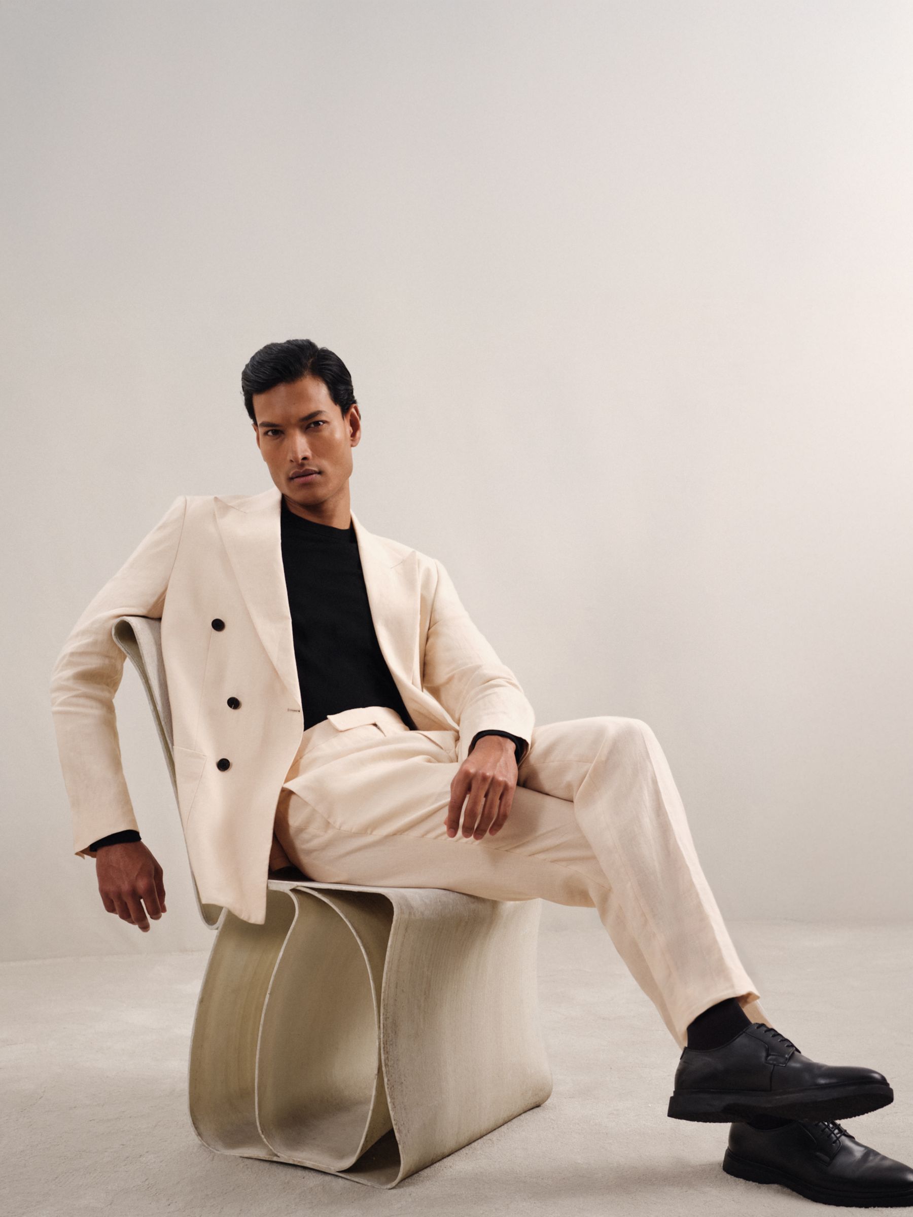 Linen Double-Breasted Suit Slim-Fit Blazer in Stone