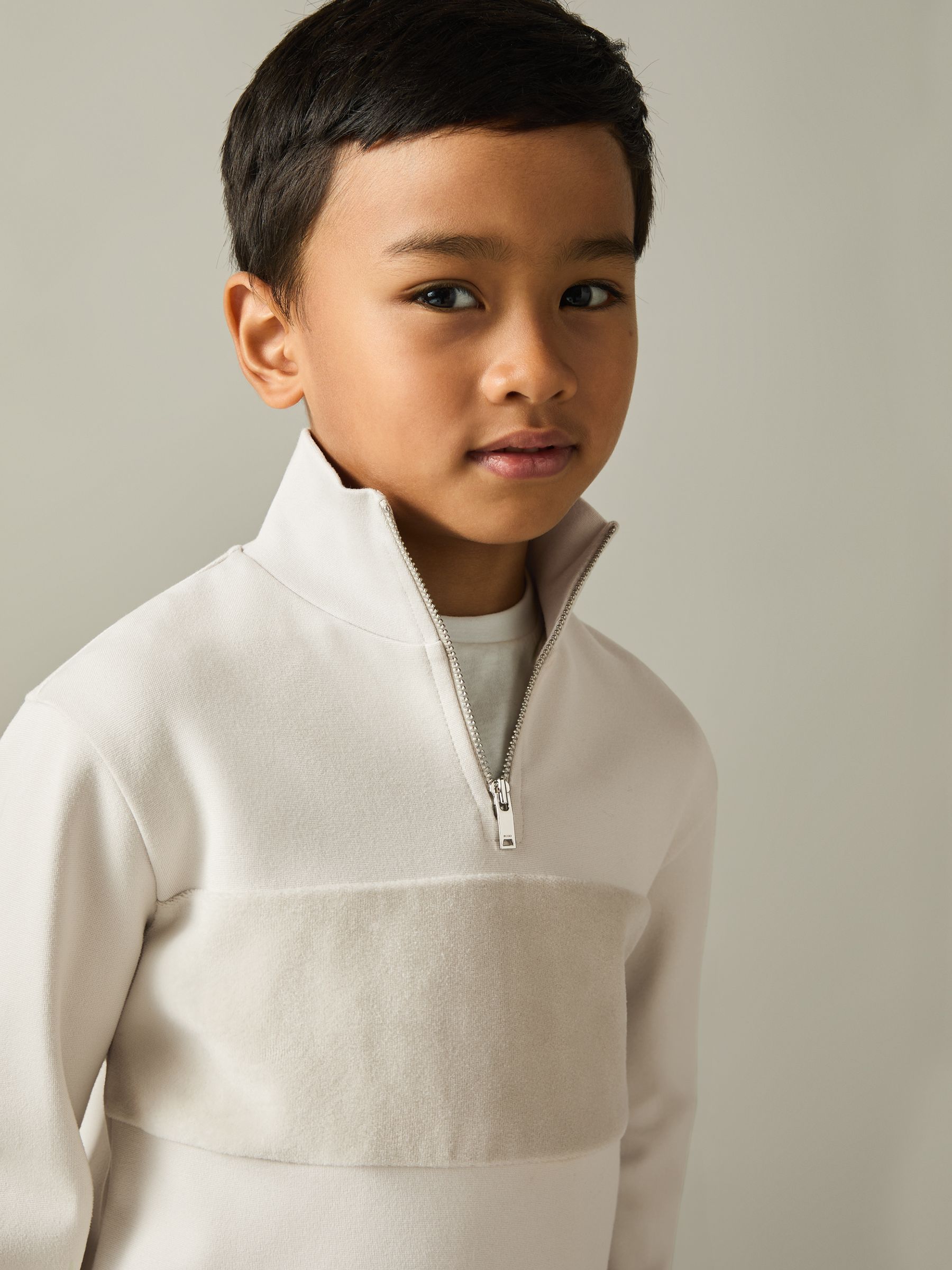 9-13 yrs Slim Fit Half-Zip Funnel Neck Velour Sweatshirt in Taupe