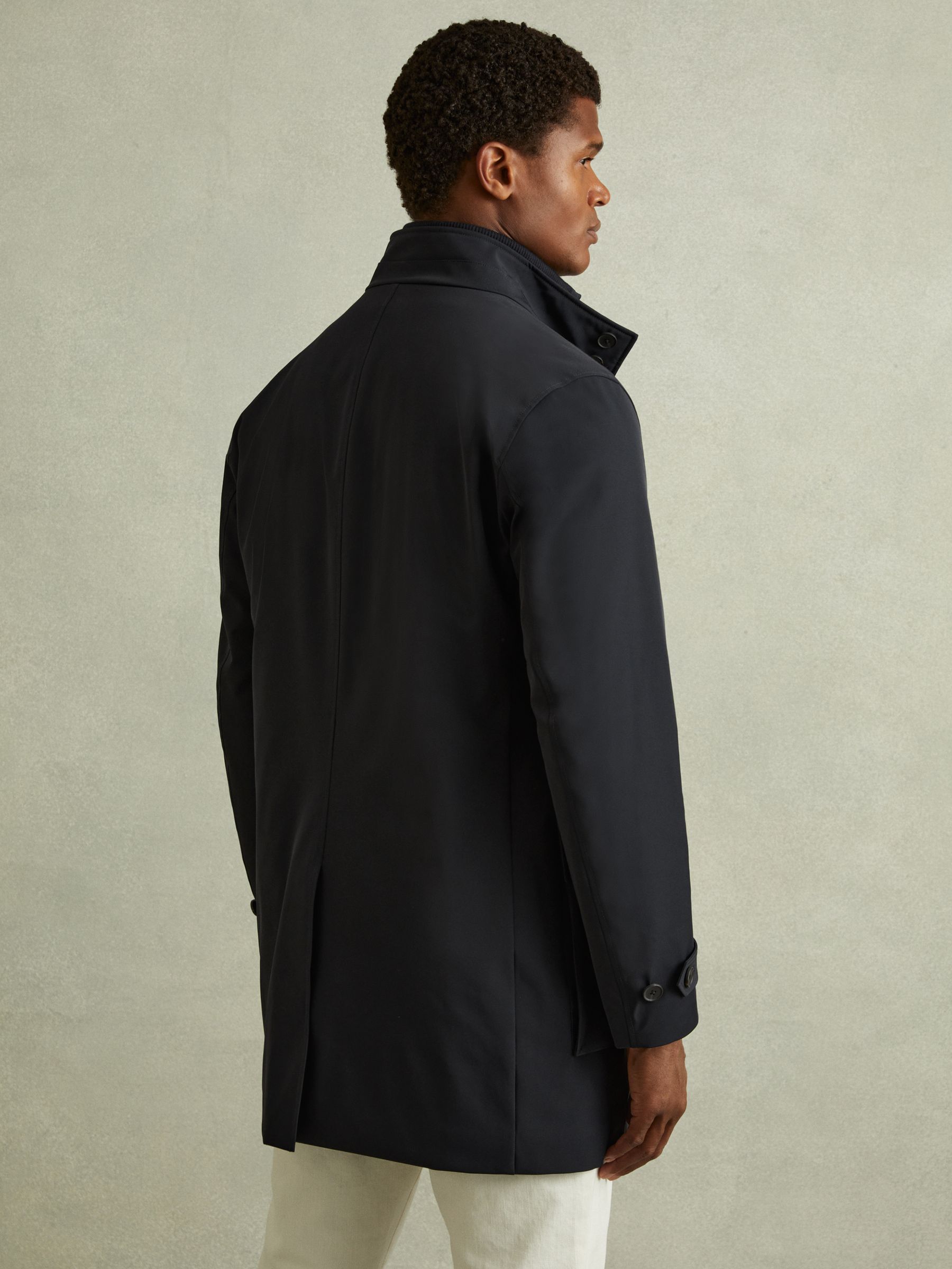 Hybrid Removable Funnel Neck Overcoat in Navy