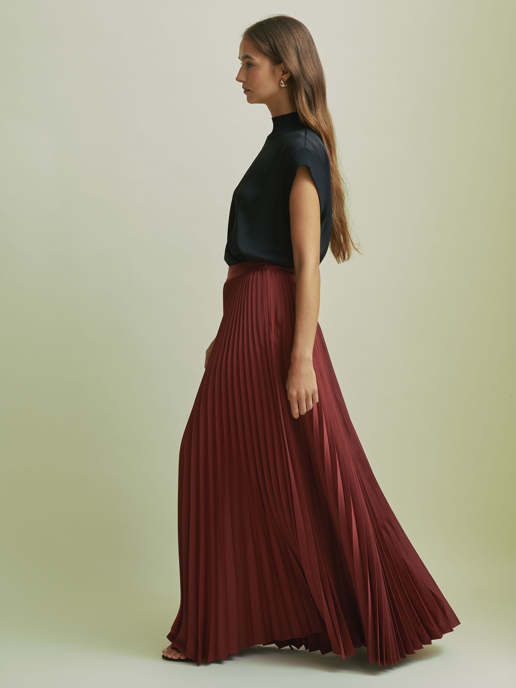 Florere Cinnamon Pleated Satin Maxi Skirt in Cinnamon