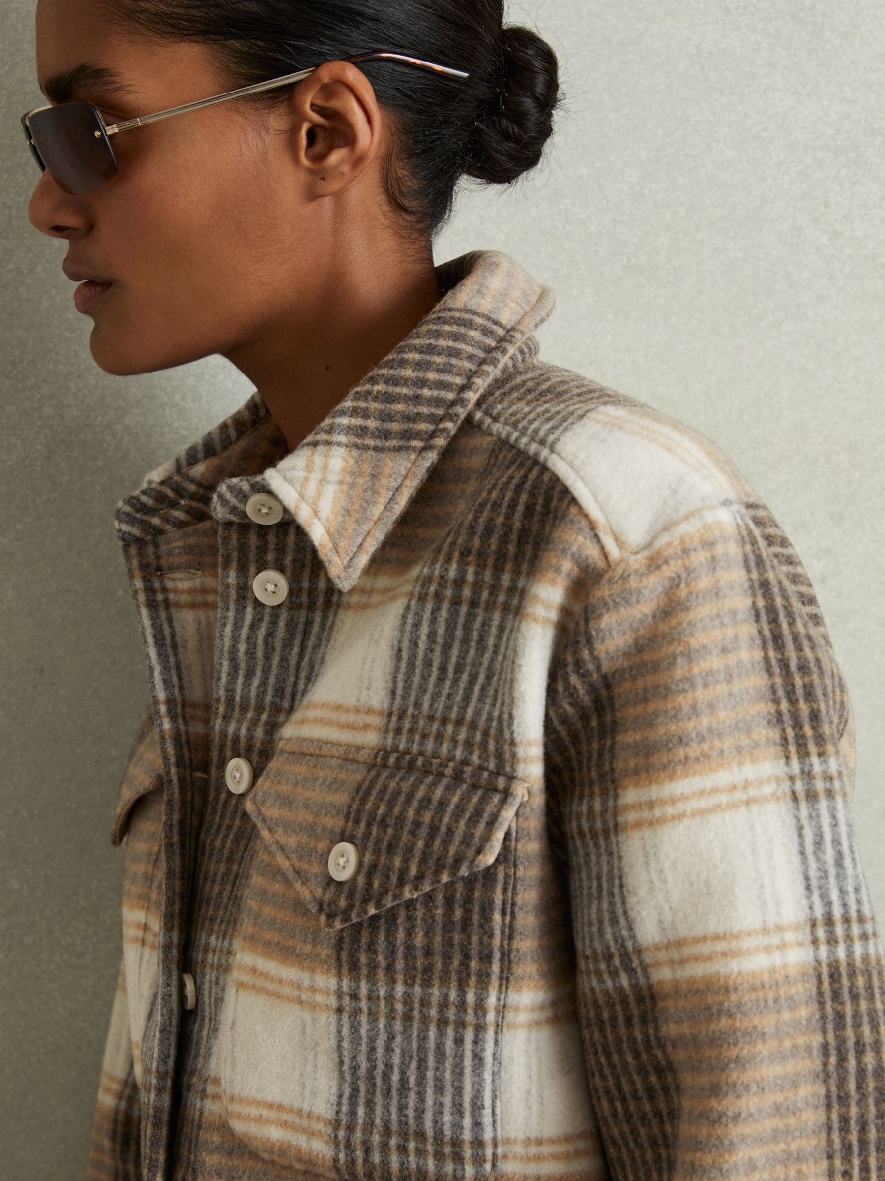 Phoebe Neutral Wool Blend Checked Shacket