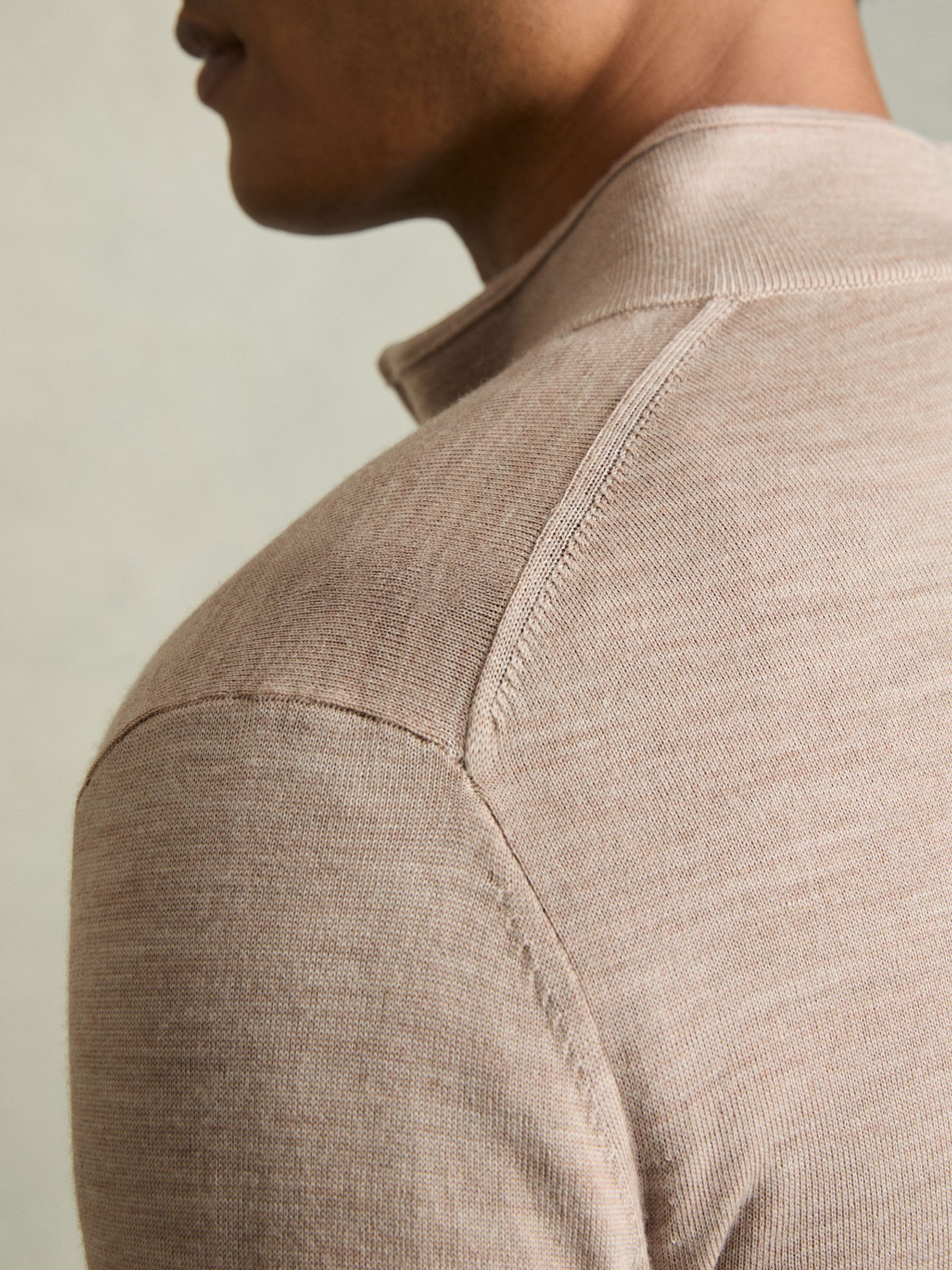 Merino Wool Button-Through Funnel Neck Cardigan in Wheat Melange