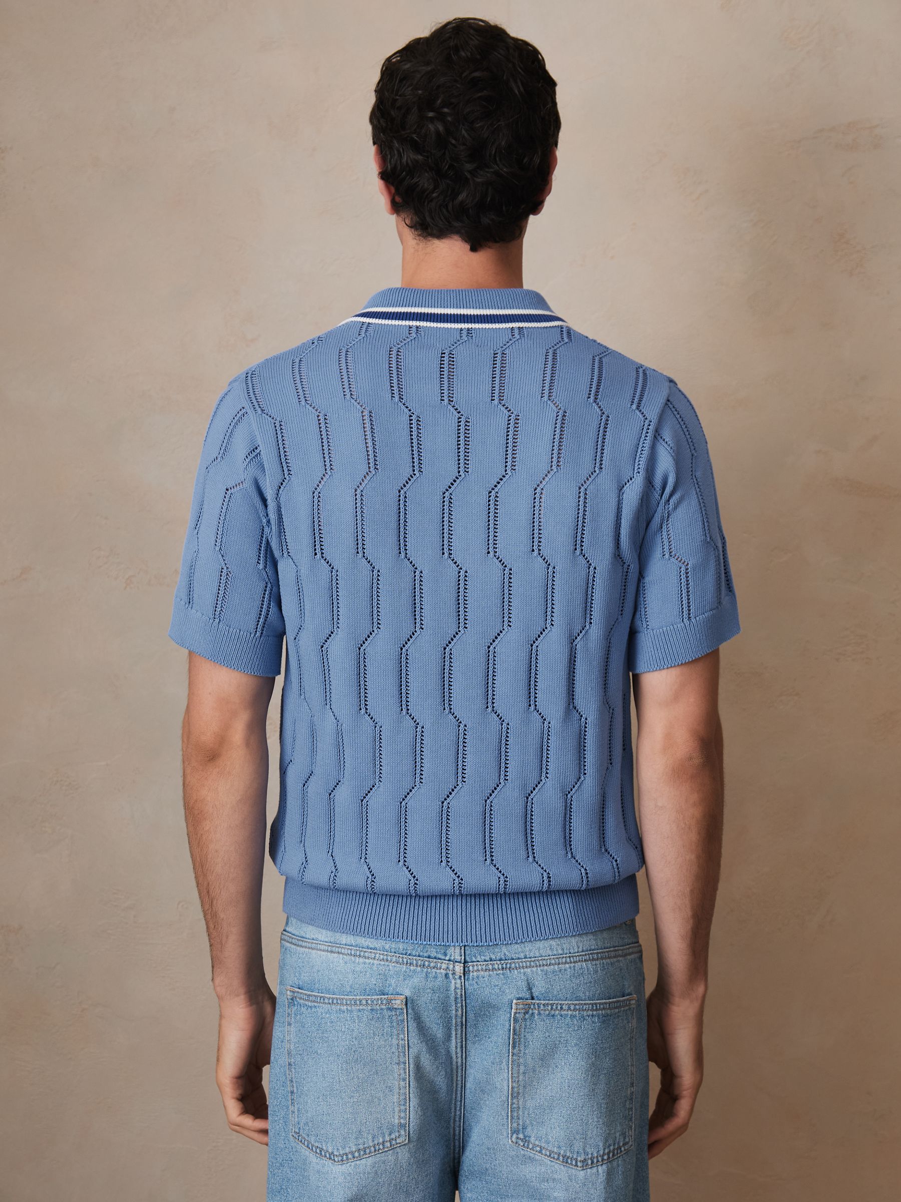 Reiss | Ché Cotton Pointelle Polo Shirt in Blue