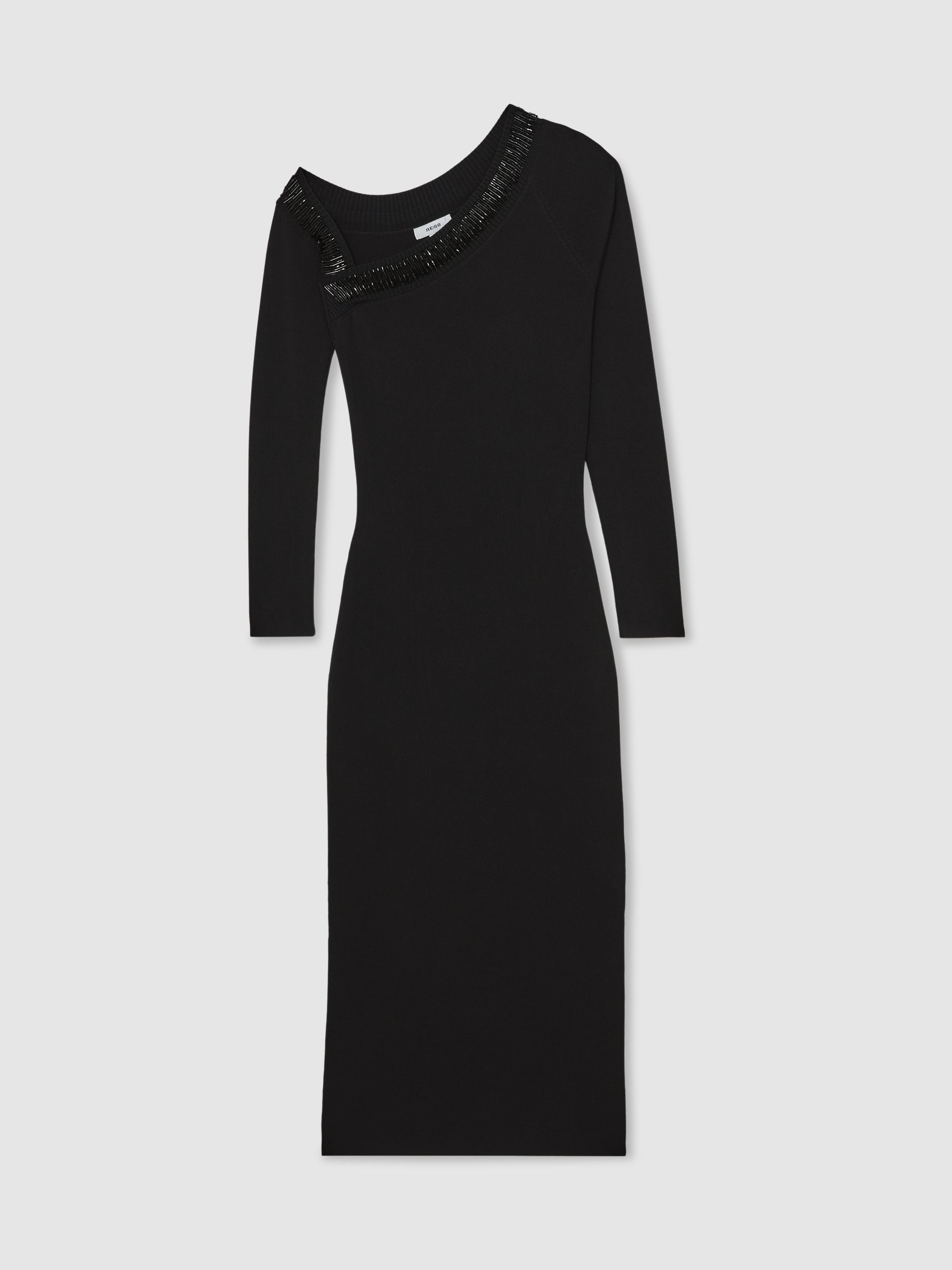 Bead-Detail Off-Shoulder Knit Dress in Black