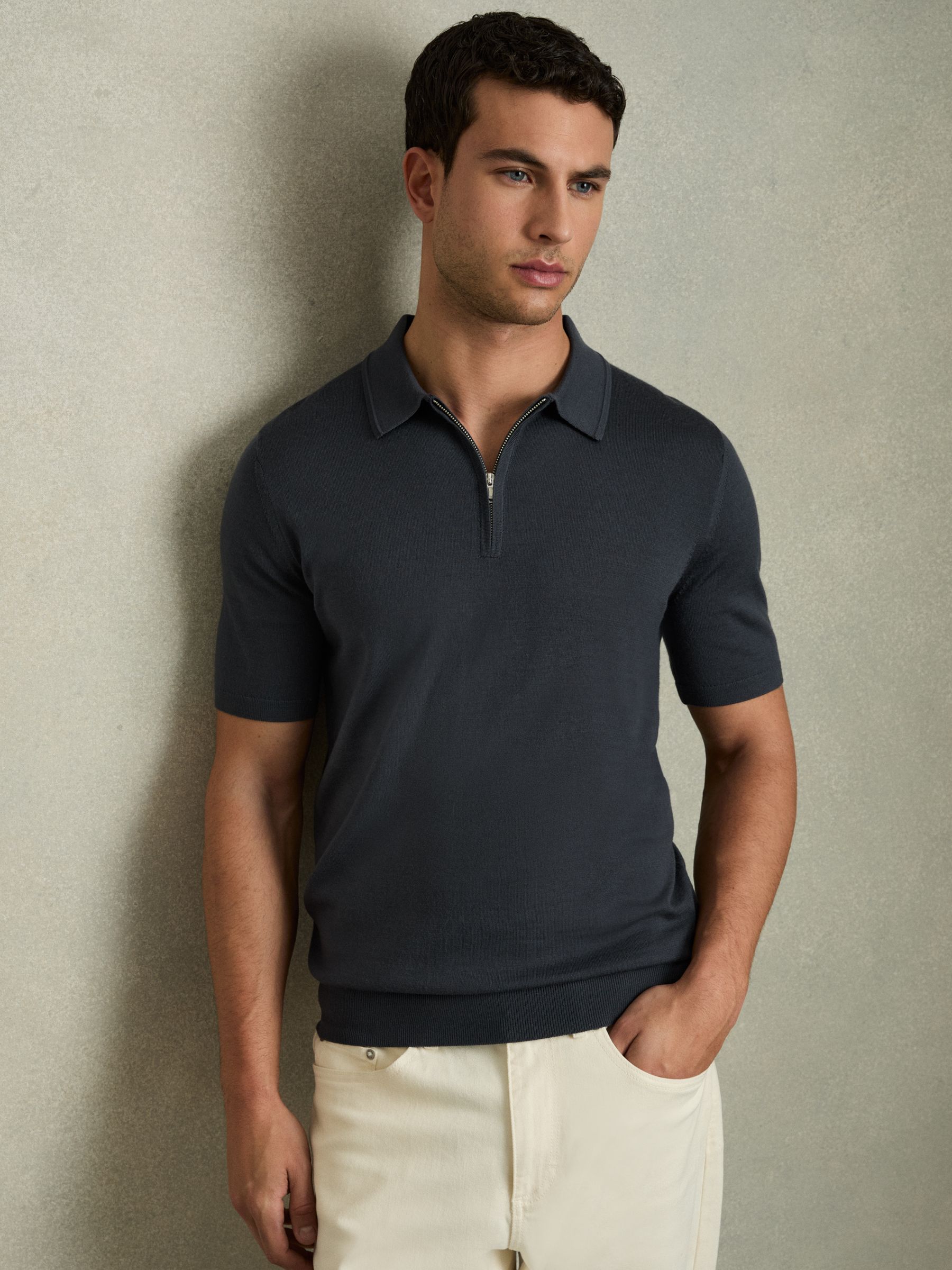Merino Wool Half-Zip Polo Shirt in Blackened Blue