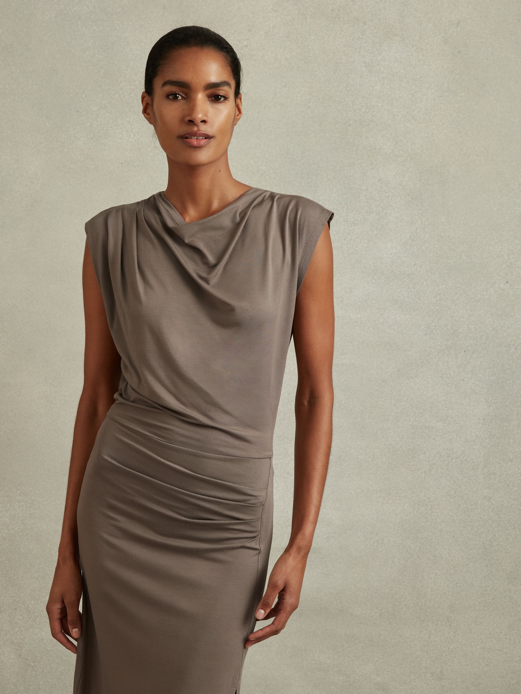 Ruched Jersey Midi Dress in Mocha