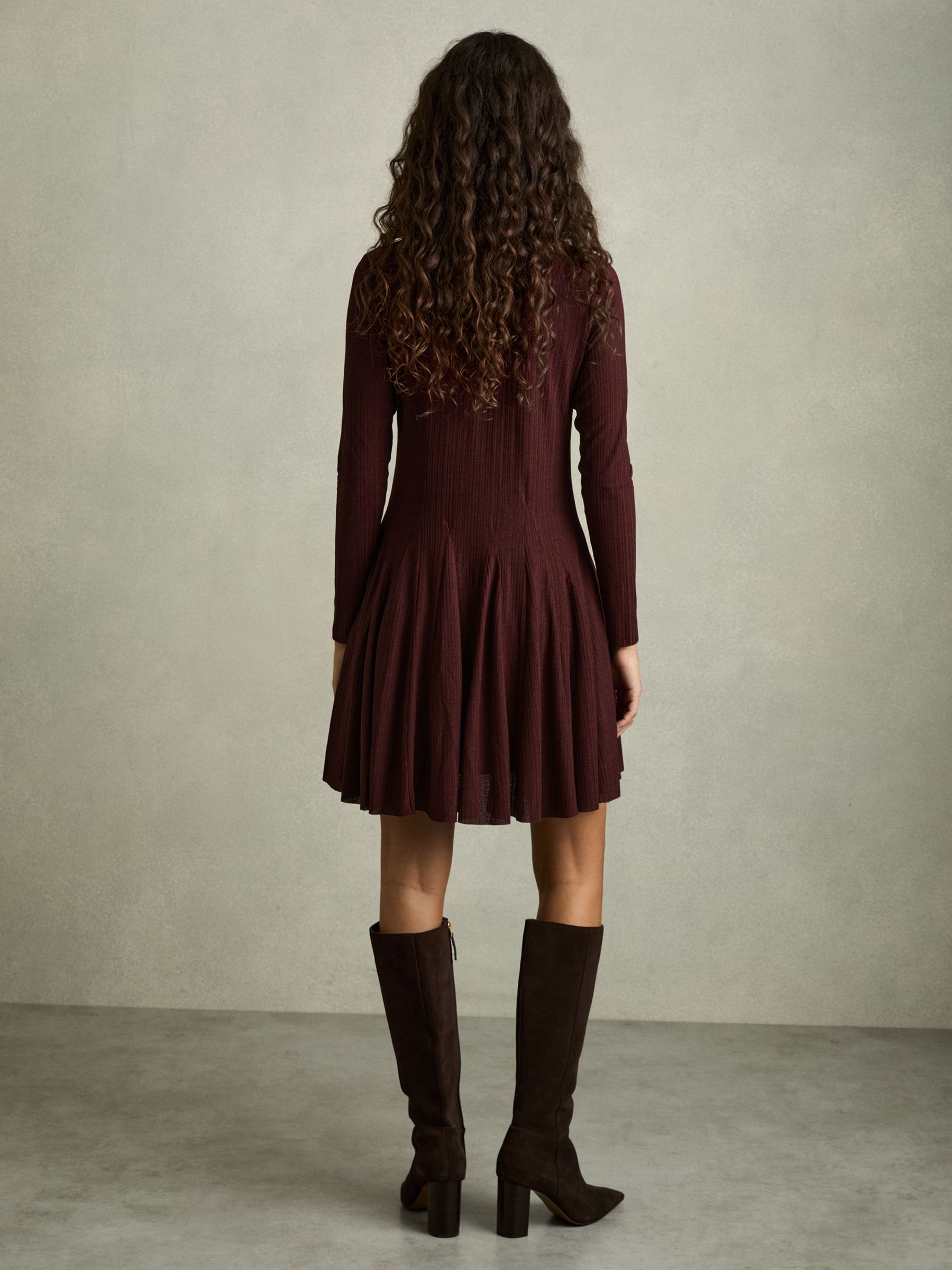 Jersey Ribbed Flared Mini Dress in Burgundy