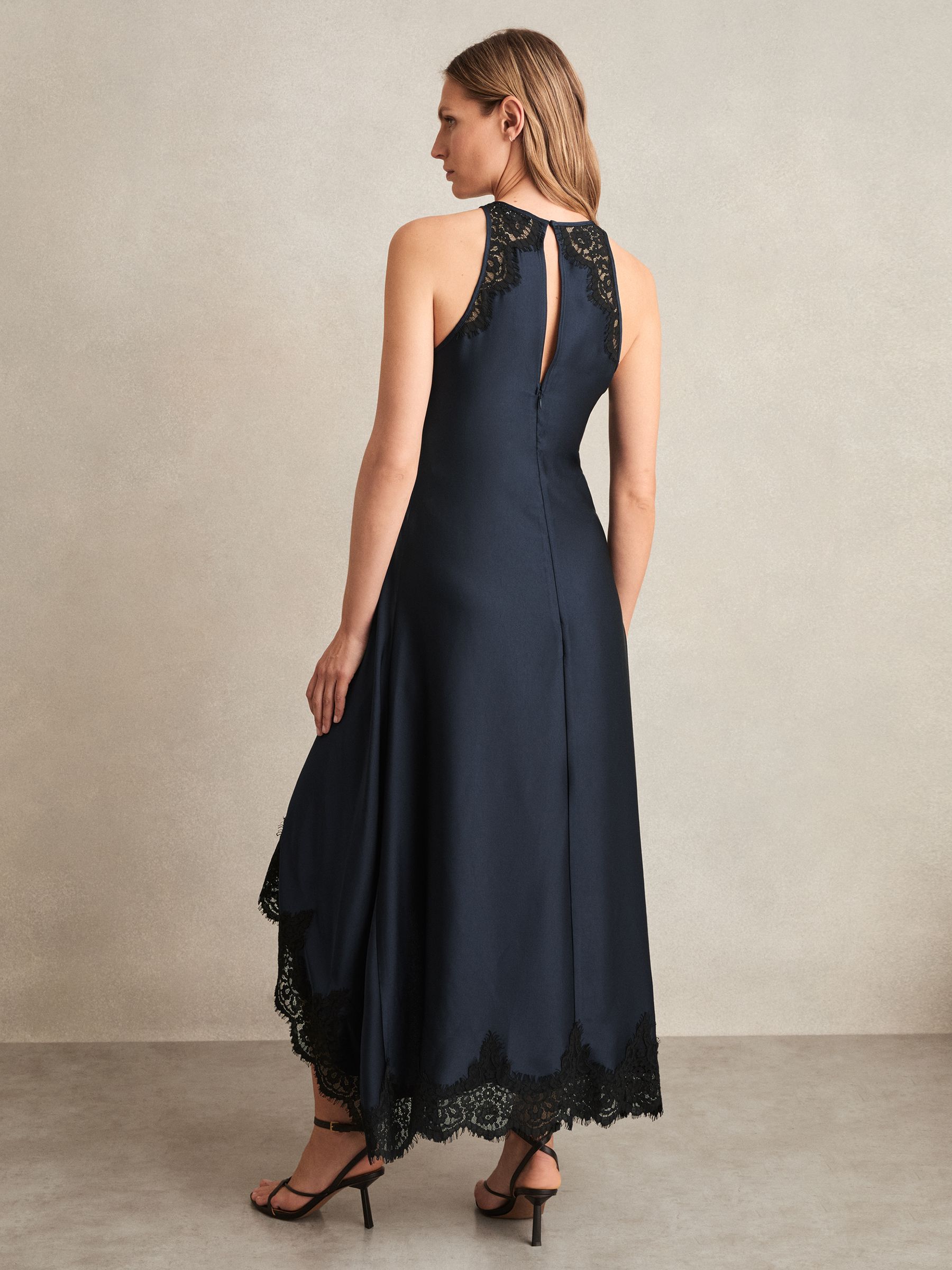 Petite Satin Drape Lace-Trim Dress in Navy