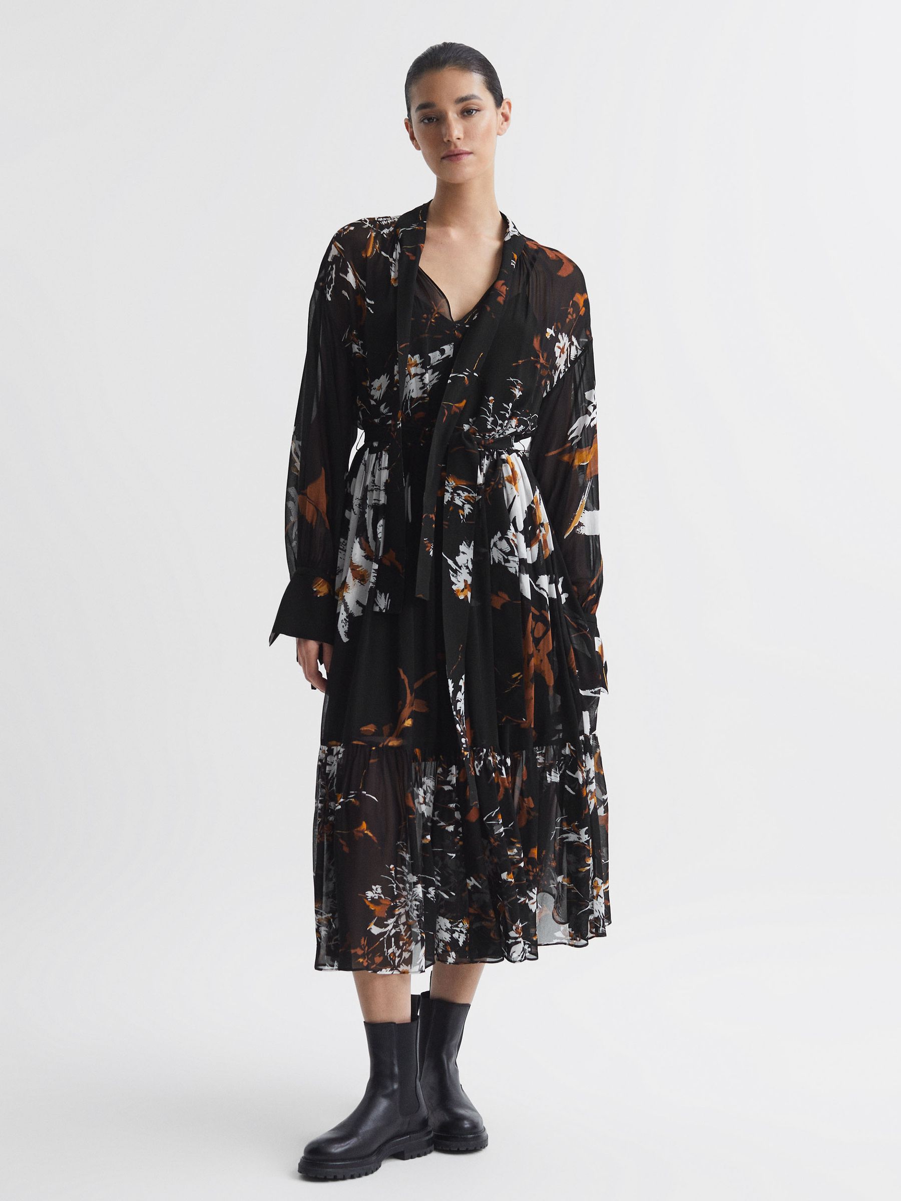 Floral Neck Tie Midi Dress in Black/Brown
