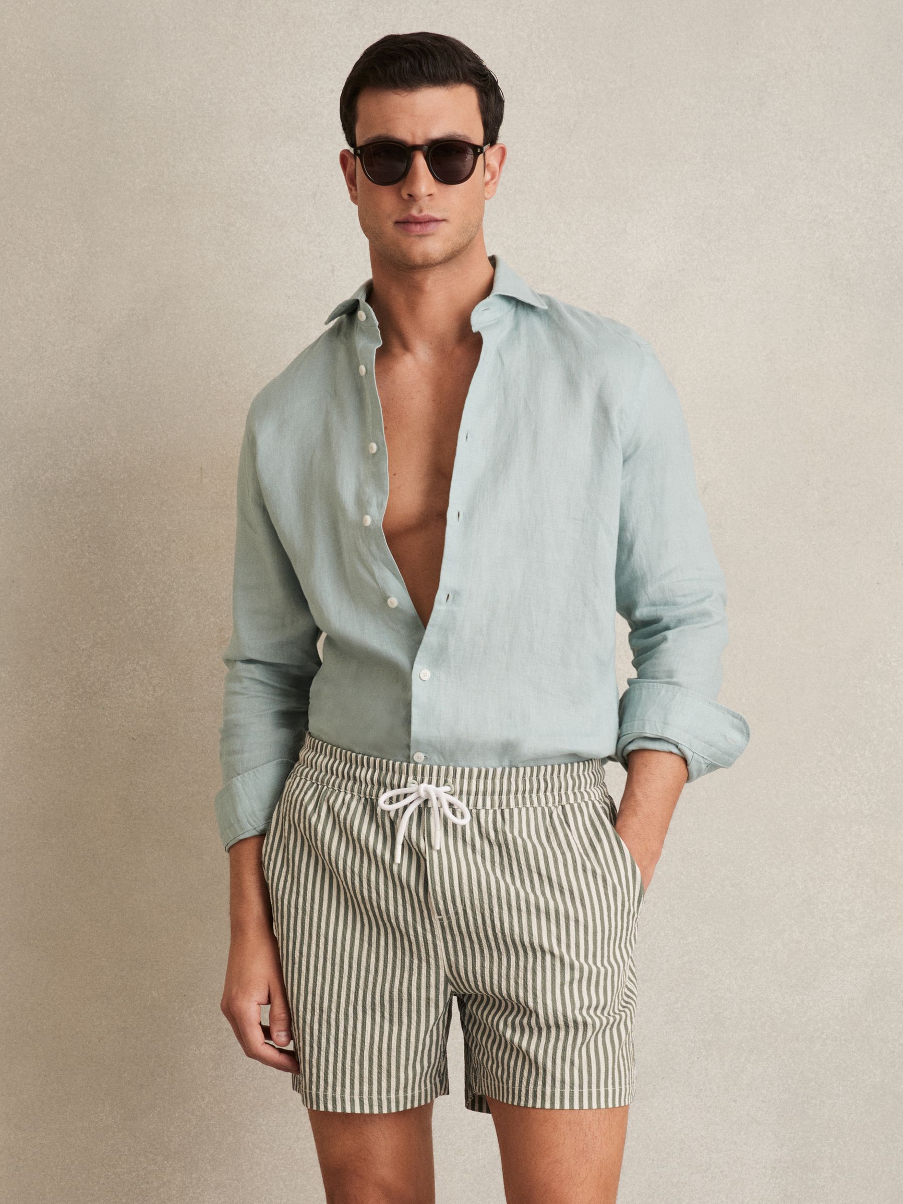 Seersucker Stripe Swim Shorts in Sage/White