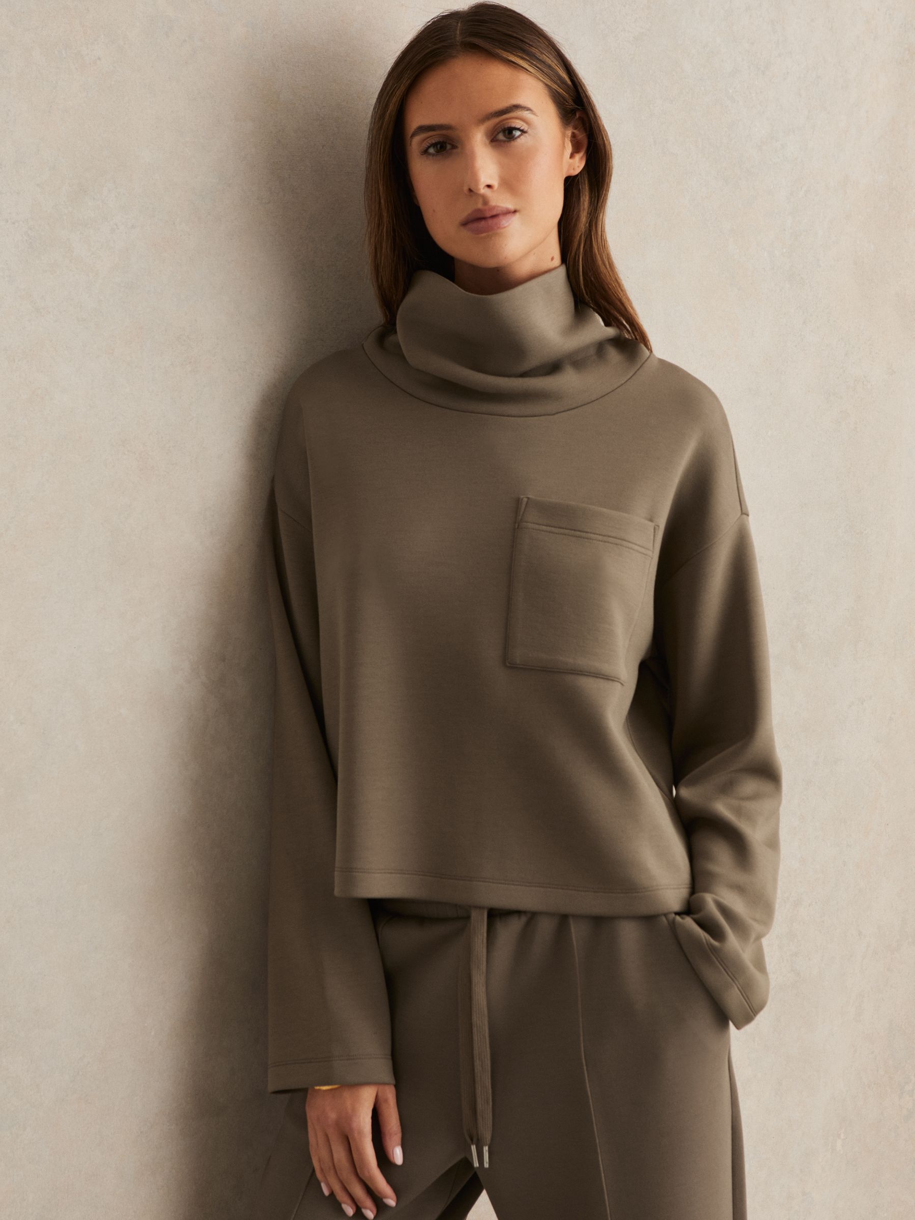 Interlock-Jersey Funnel-Neck Sweatshirt in Khaki Green