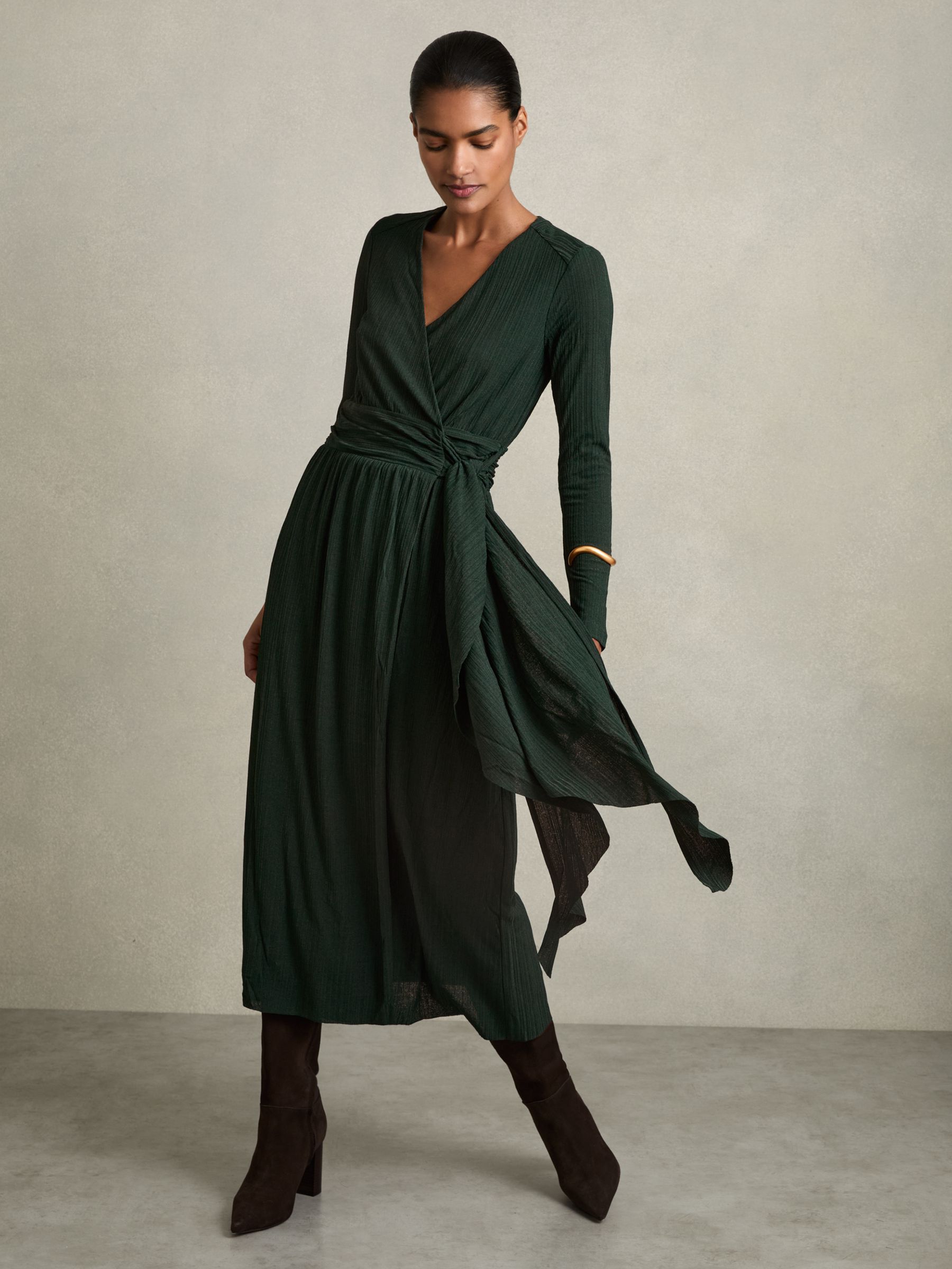 Jersey Wrap-Tie Midi Dress in Green