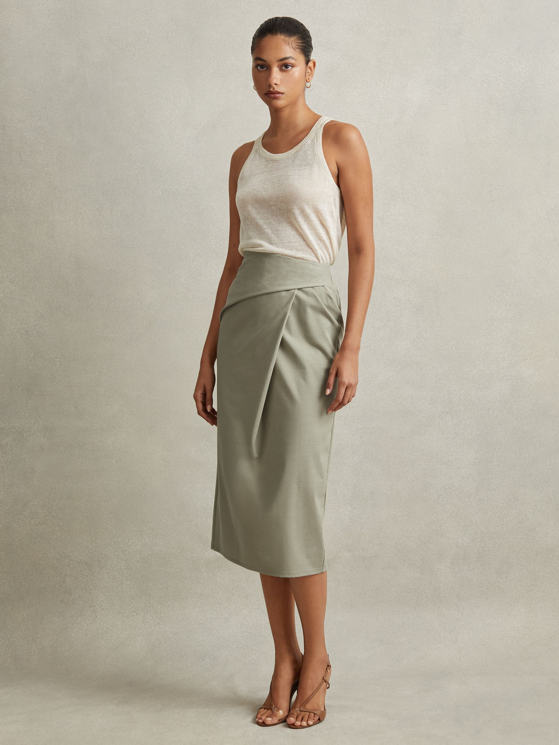 Cotton Blend Wrap Front Midi Skirt in Khaki