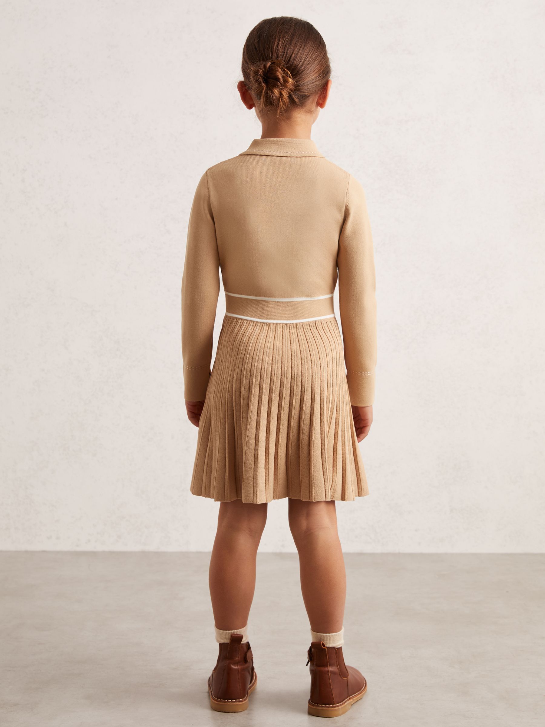 9-13 yrs Button-Detail Stripe Knitted Dress in Camel