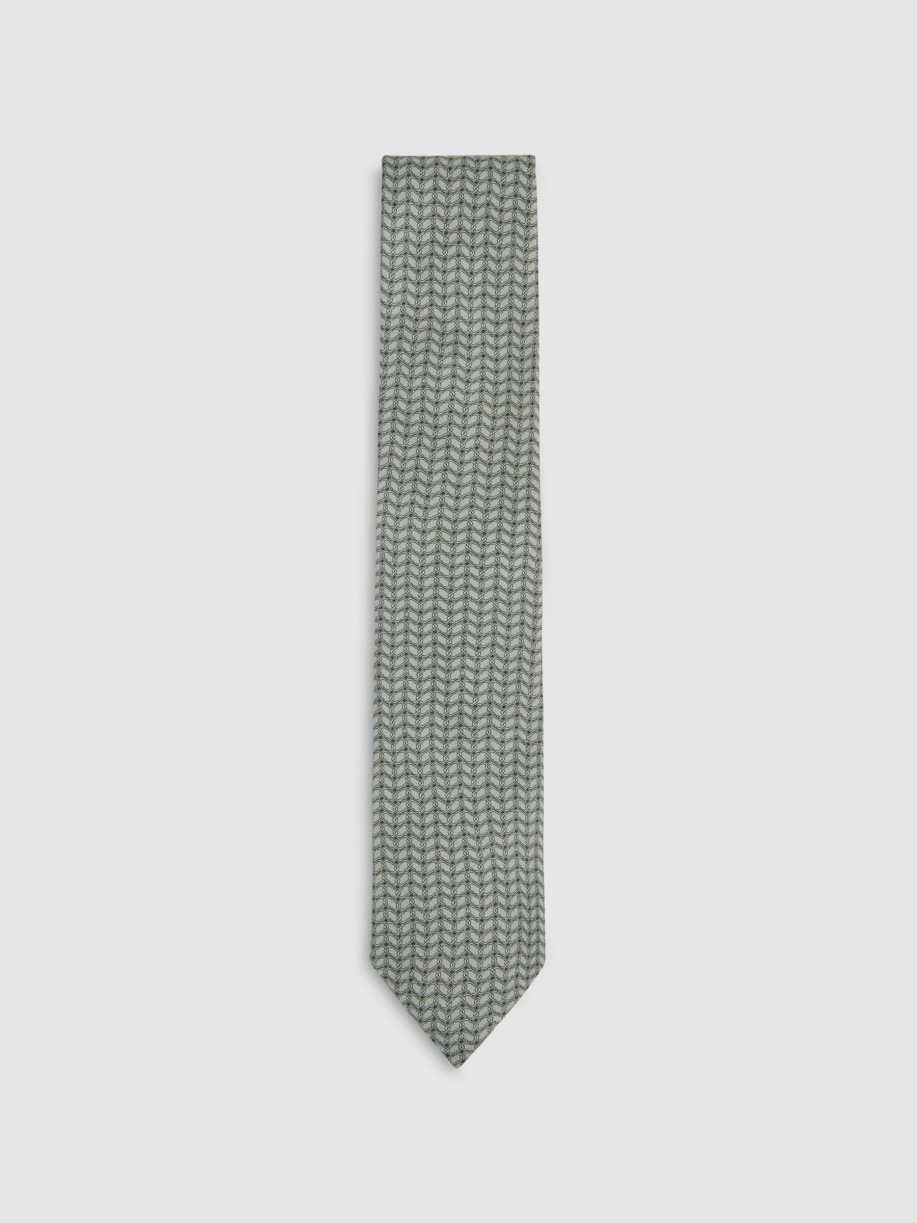 Silk Geometric-Chain Print Tie in Sage