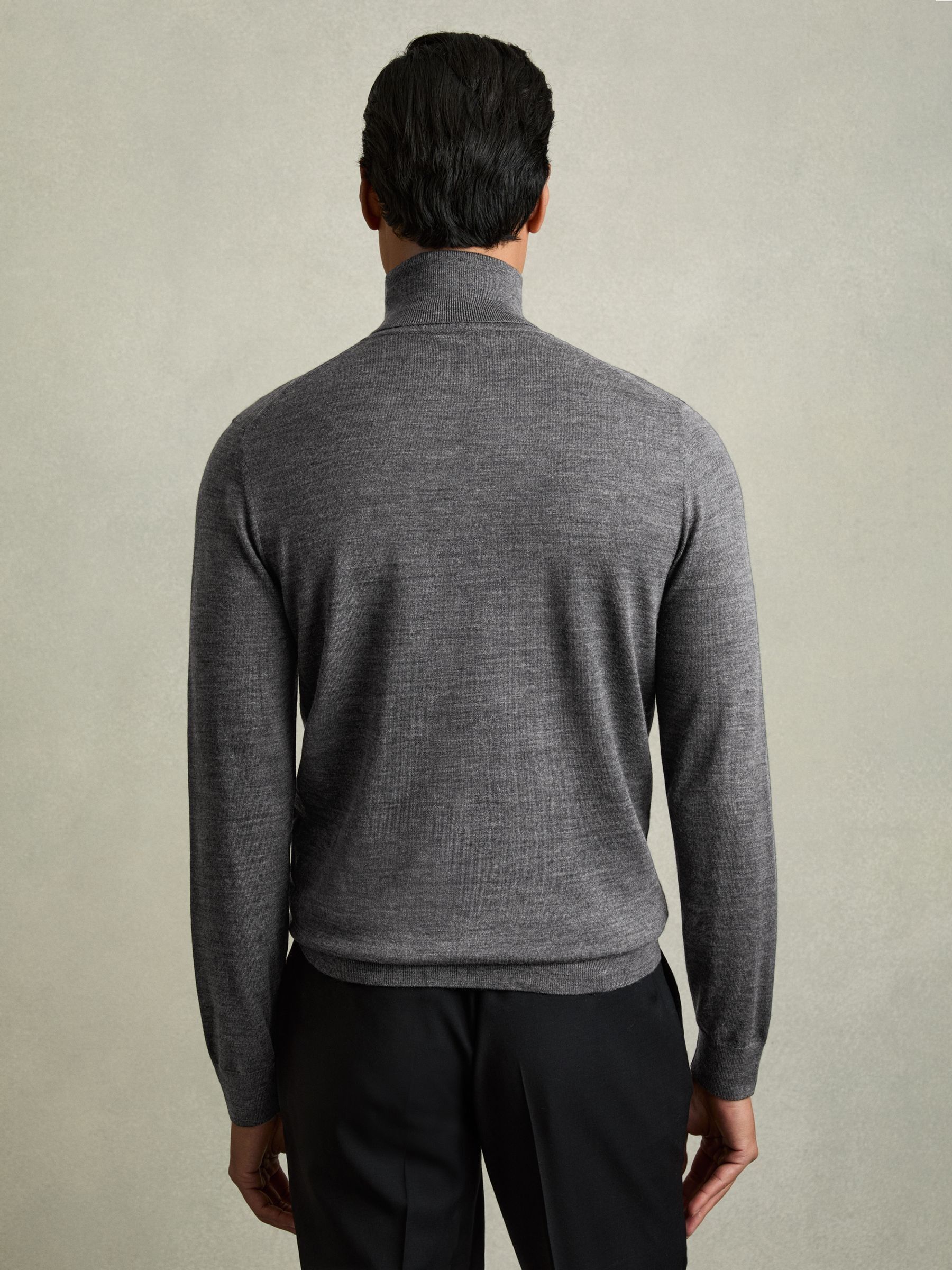 Slim Fit Merino Wool Roll Neck Jumper in Derby Grey Marl