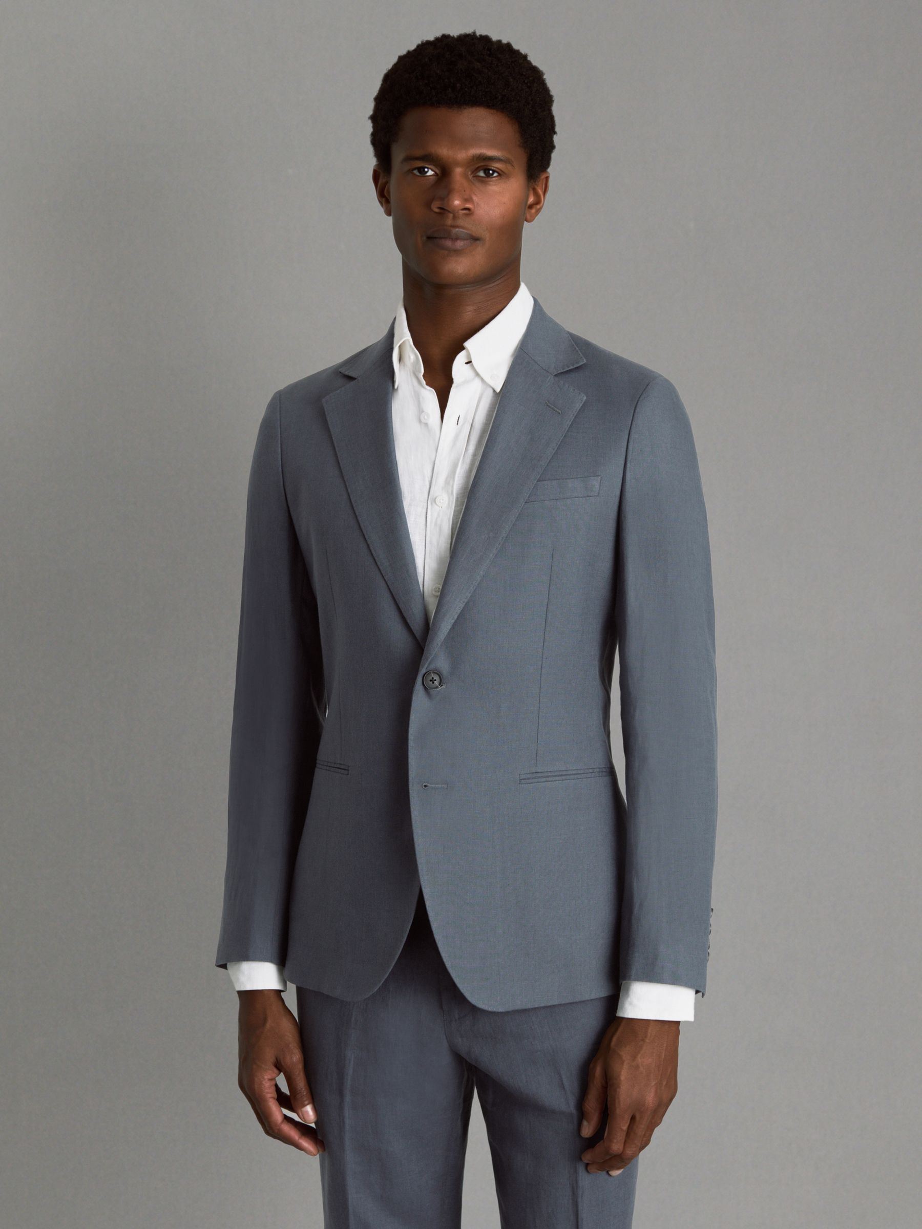 Single-Breasted Linen Suit Blazer Slim Fit in Airforce Blue