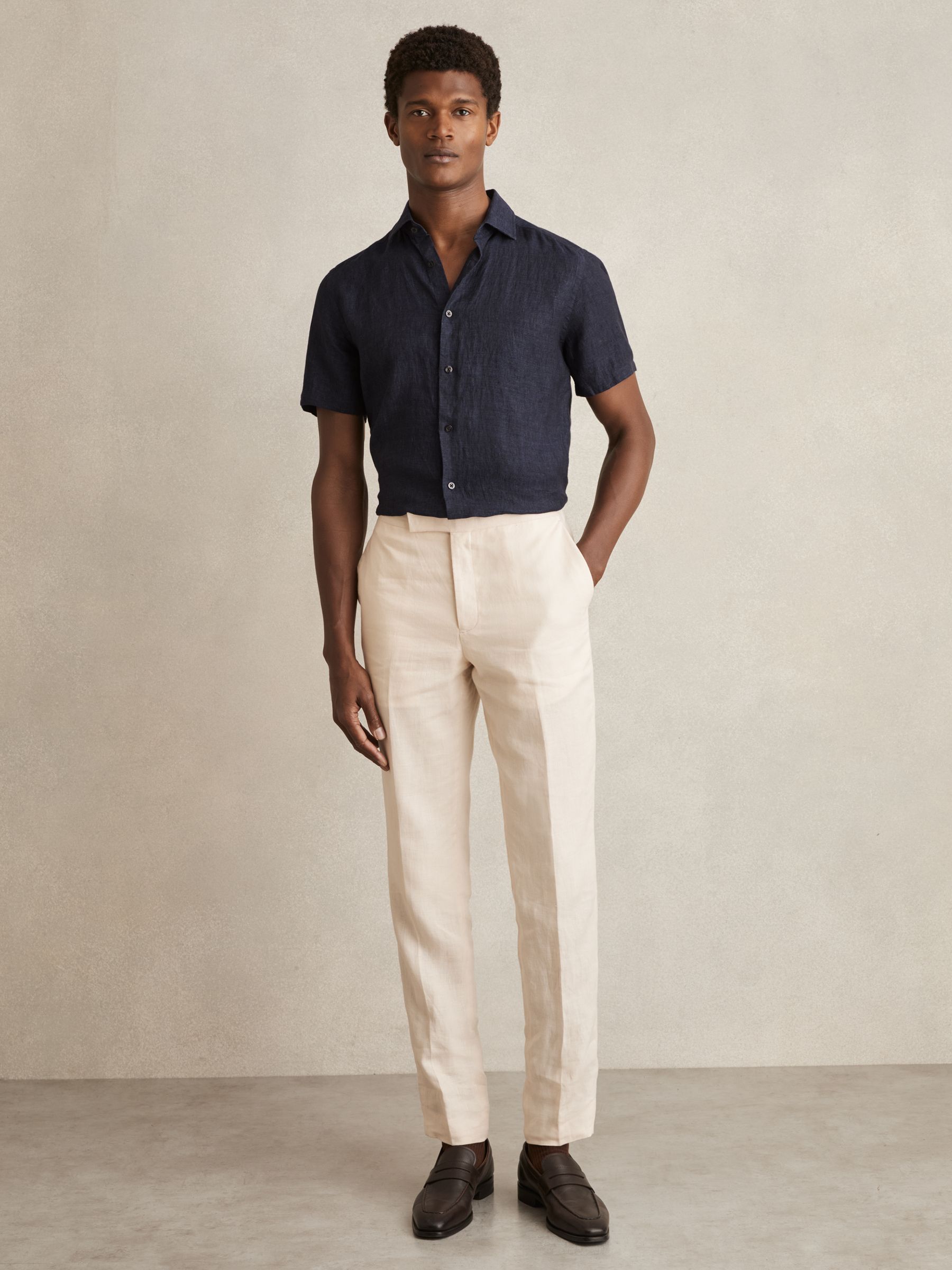 Slim Fit Linen Button-Through Shirt in Navy