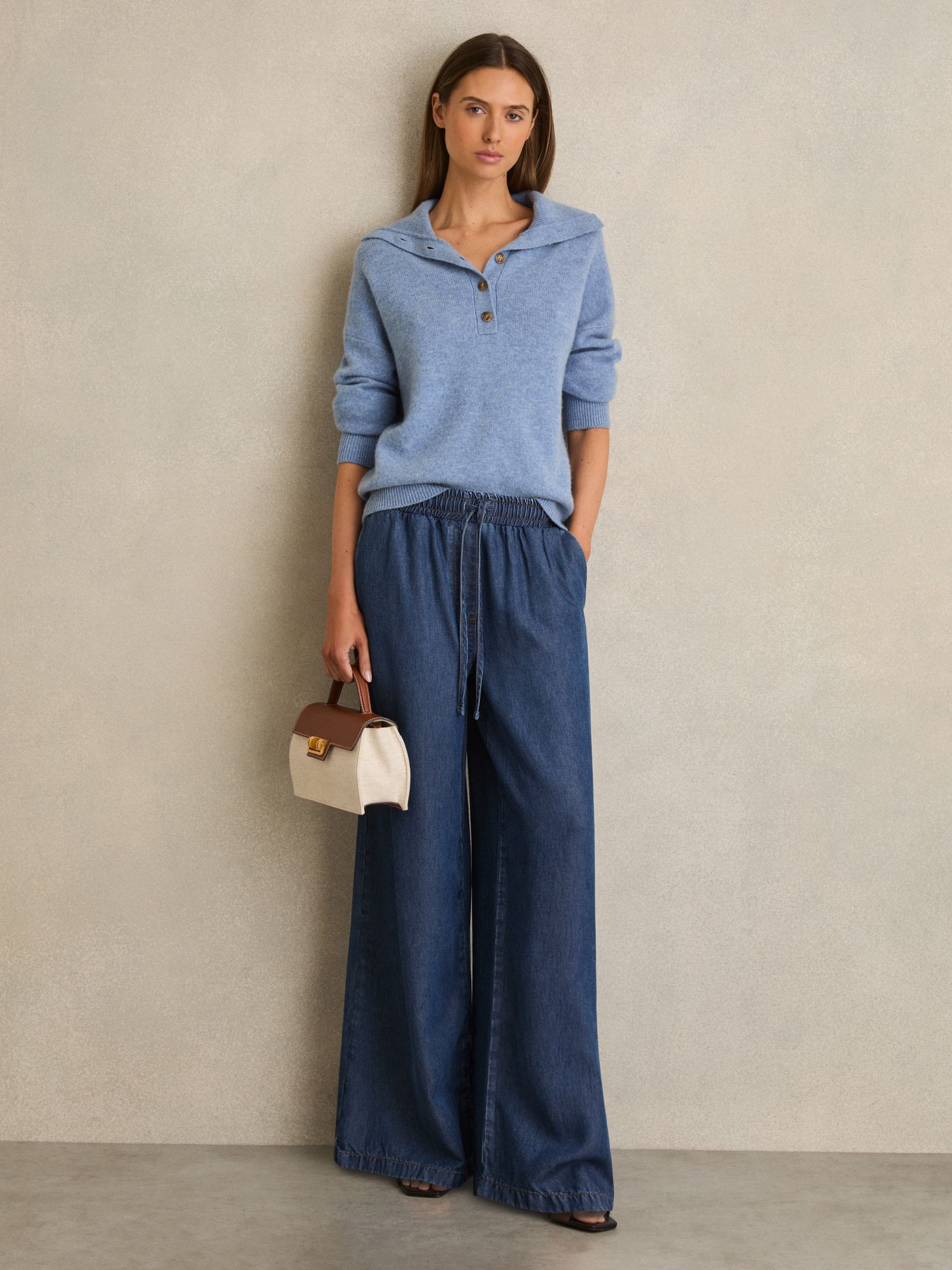 Wide-Leg Chambray Drawstring Trousers in Mid Blue