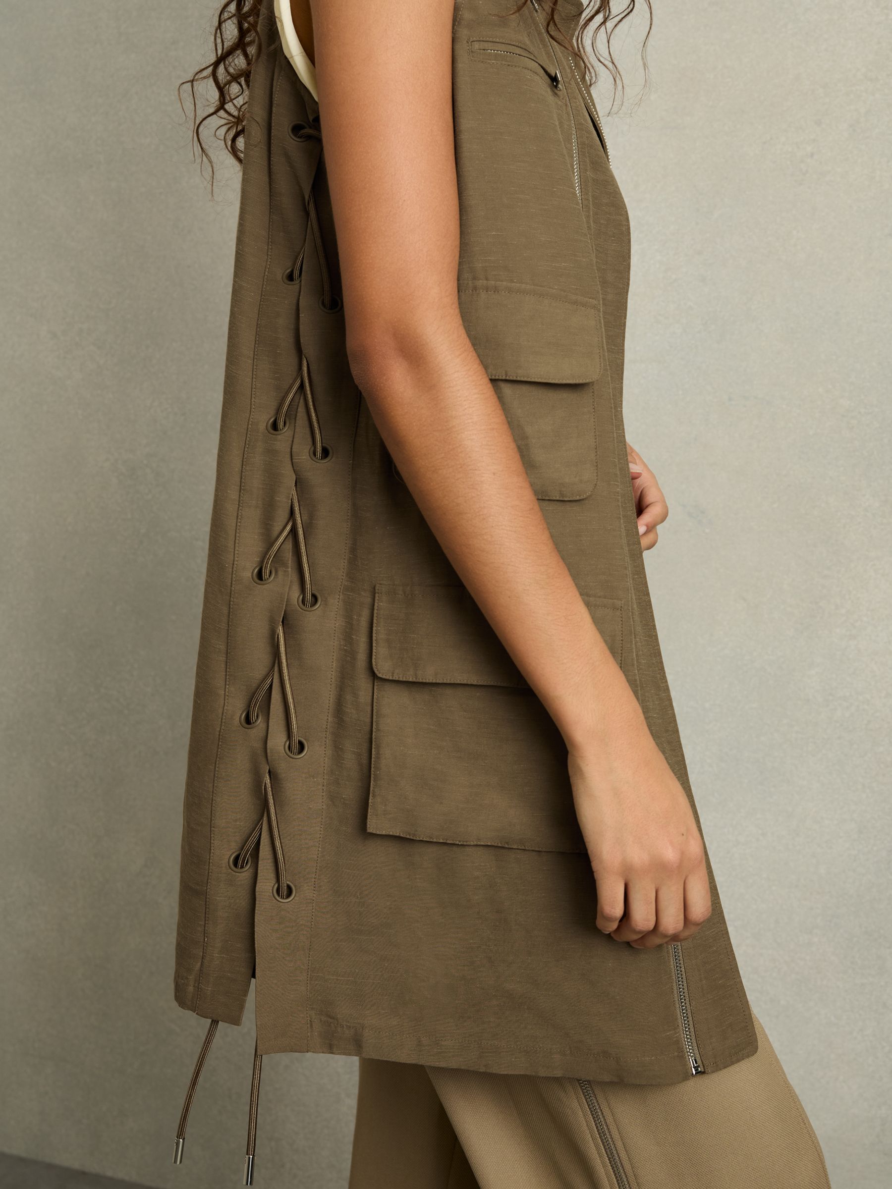 Utility Zip-Through Mini Dress With Linen in Khaki