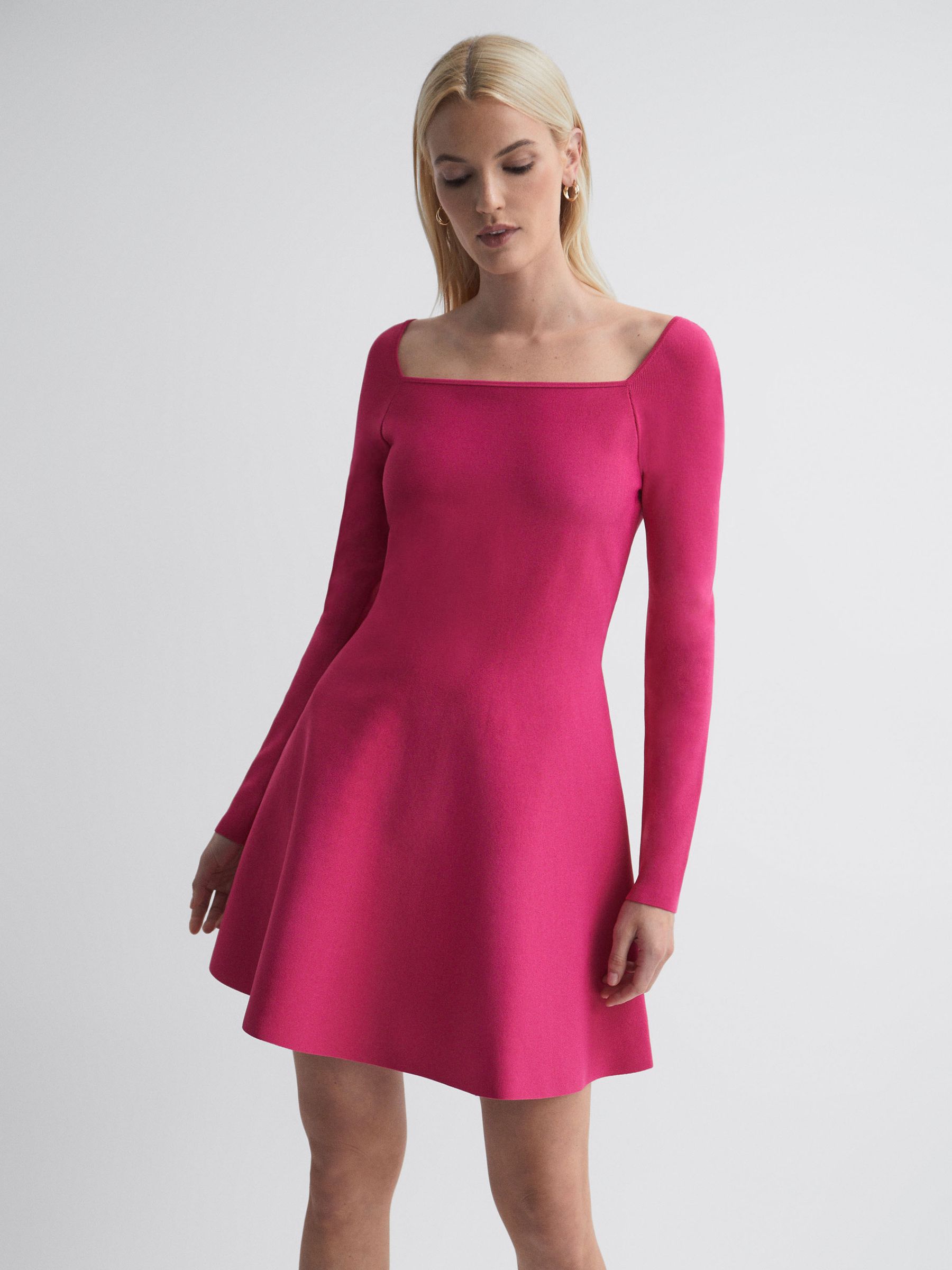 Florere Knitted Skater Mini Dress in Bright Pink