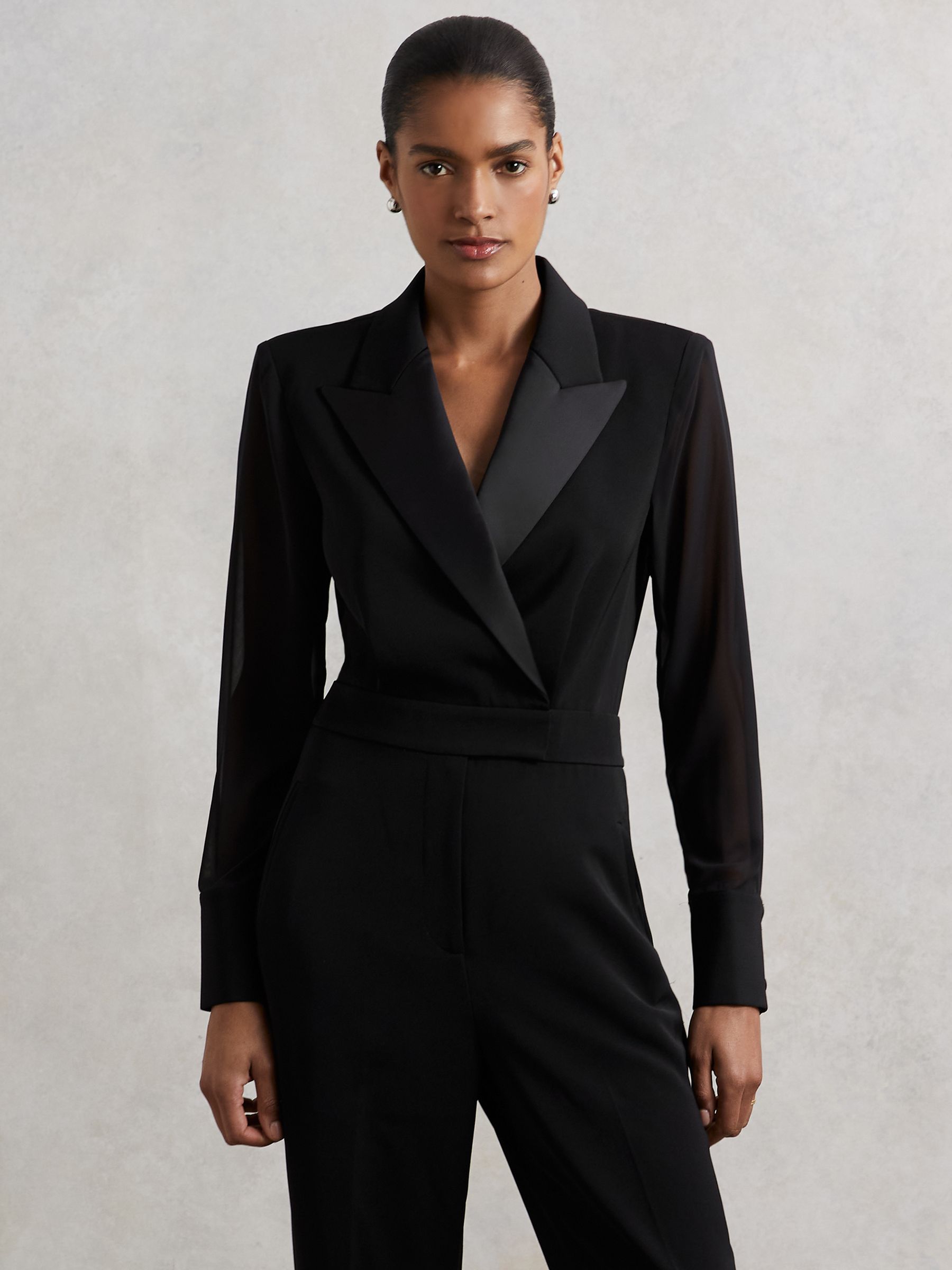 Sheer-Sleeve Tuxedo Jumpsuit in Black