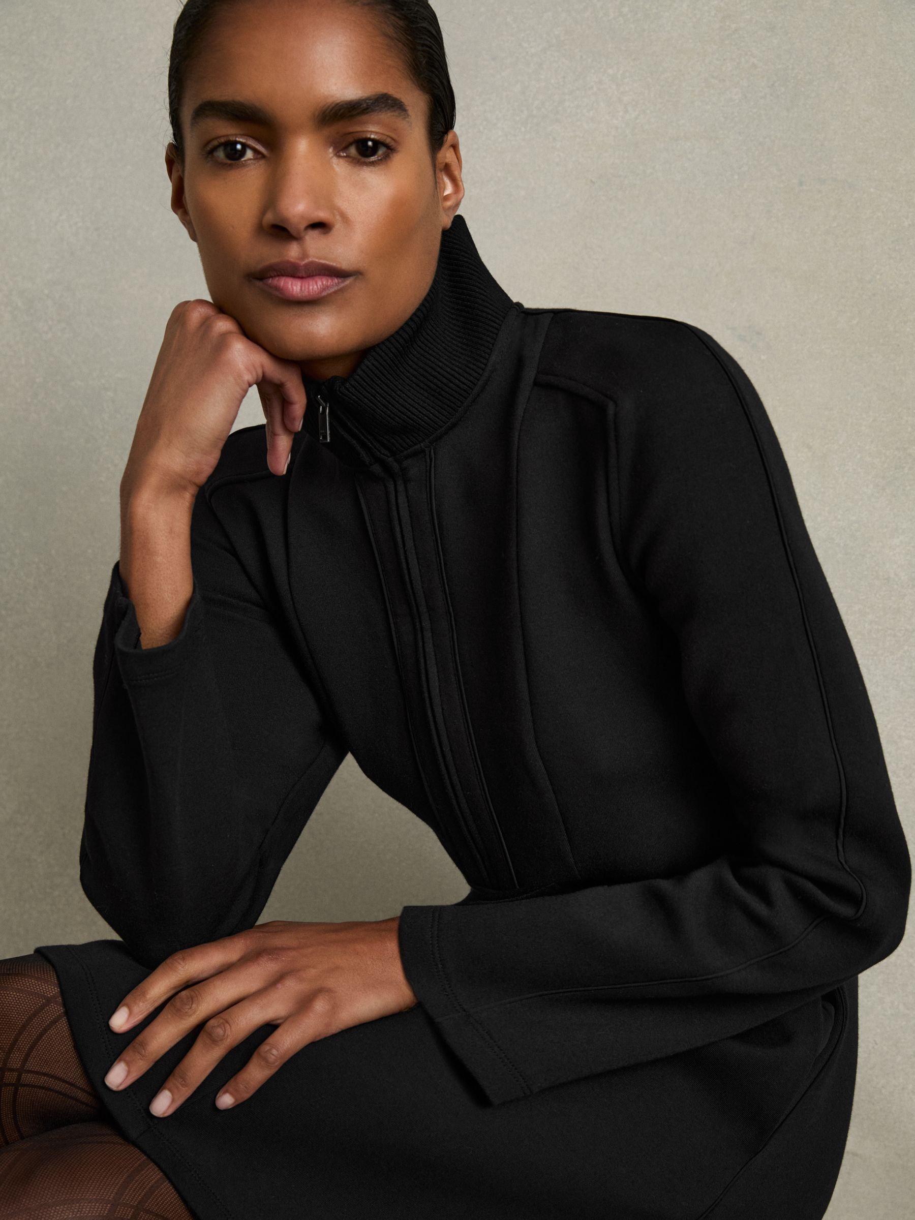 ZIp-Neck Interlock-Jersey Dress in Black