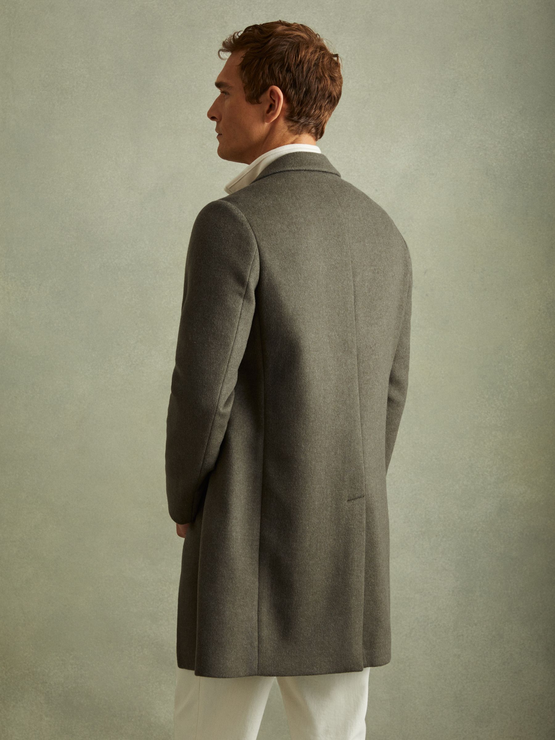 Wool Blend Single Breasted Overcoat in Green Smoke