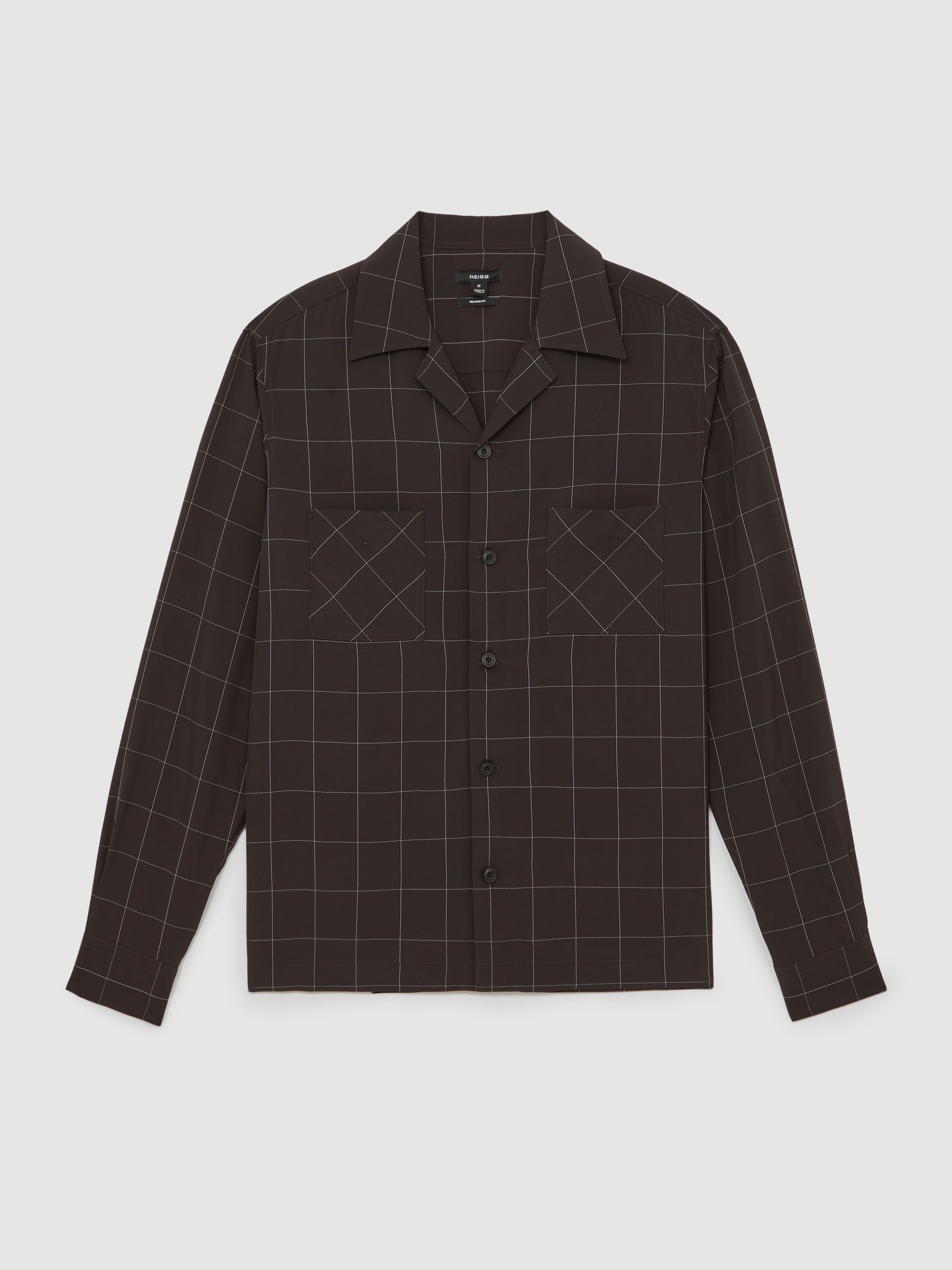 Windowpane-Check Cuban-Collar Shirt in Dark Brown