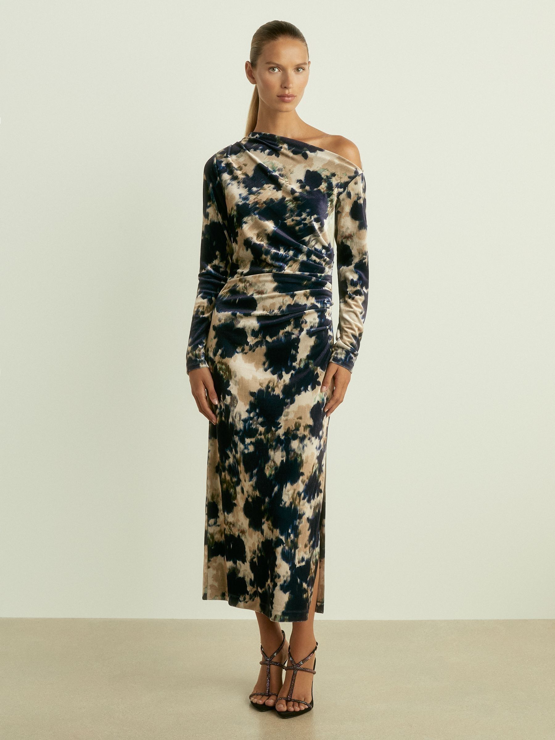 Ruched Abstract-Print Velvet Dress in Navy