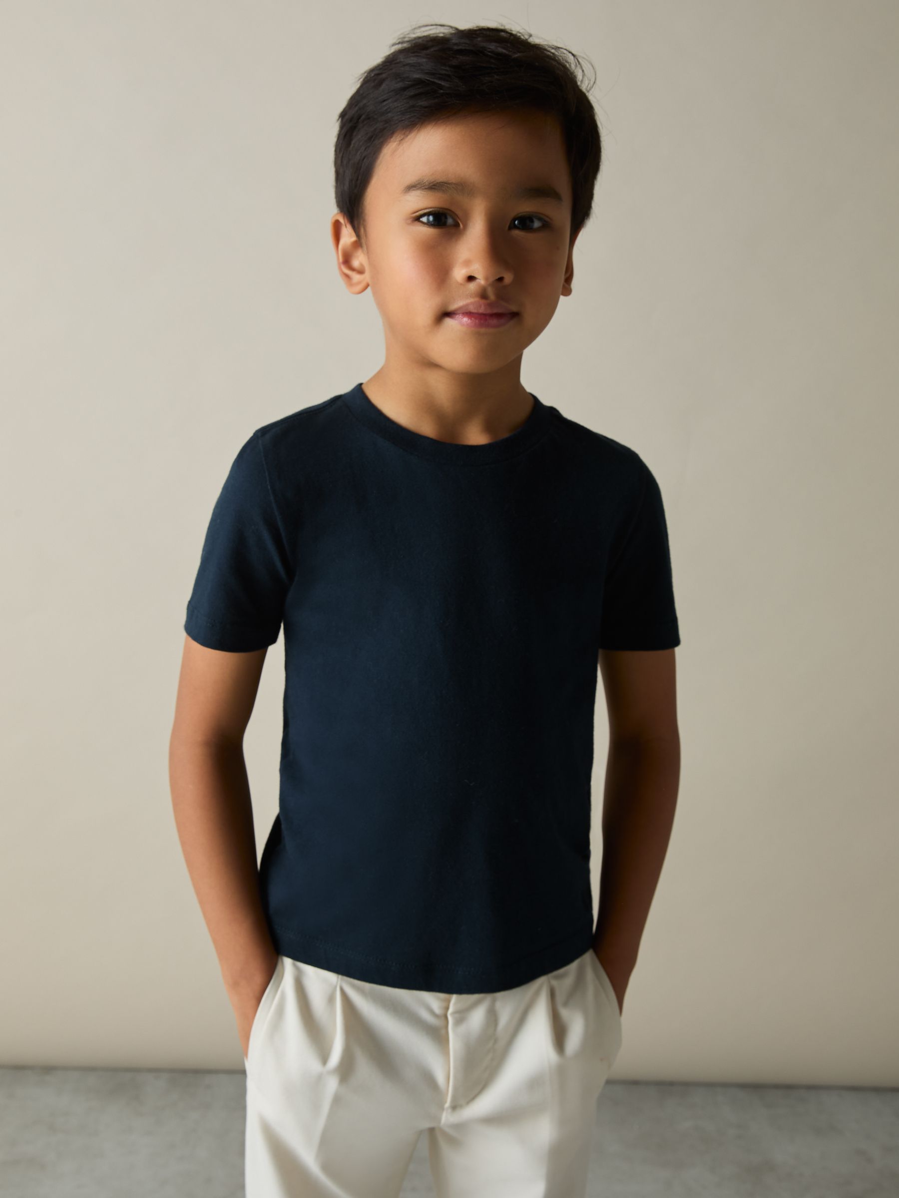 9-13 yrs Cotton Crew-Neck T-Shirts 3 Pack in White/Navy/Soft Grey