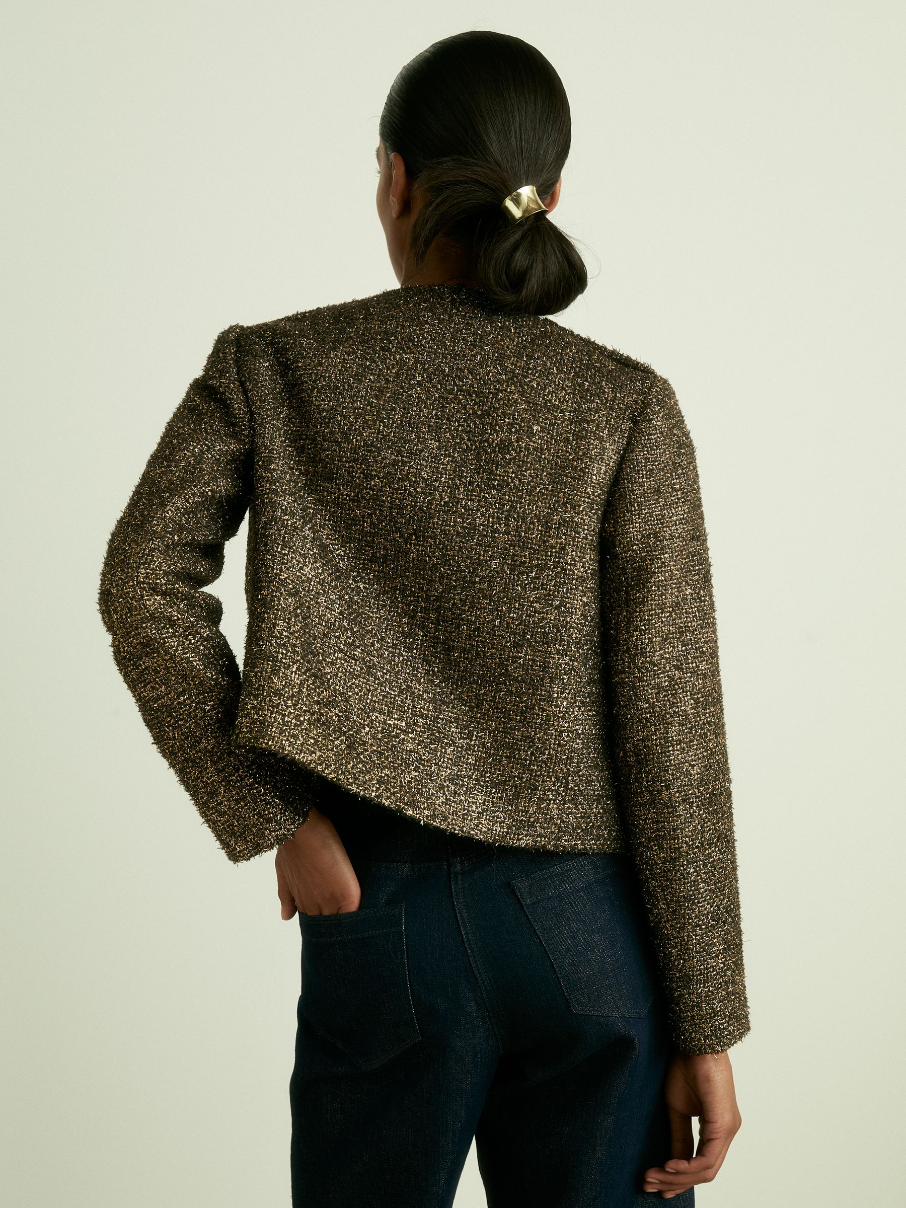 Petite Metallic Knit Cropped Jacket in Gold