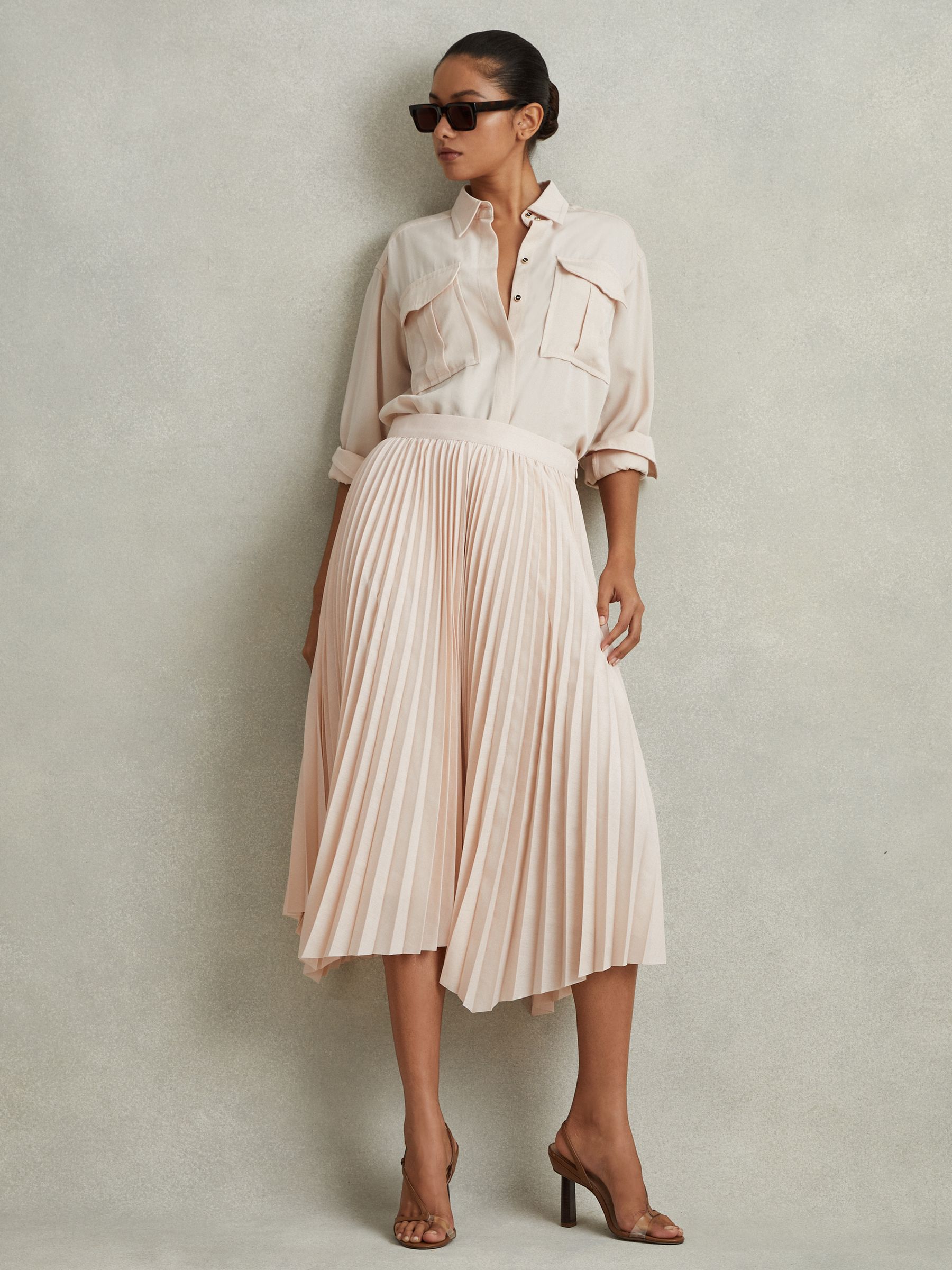 Pleated Asymmetric Midi Skirt in Blush