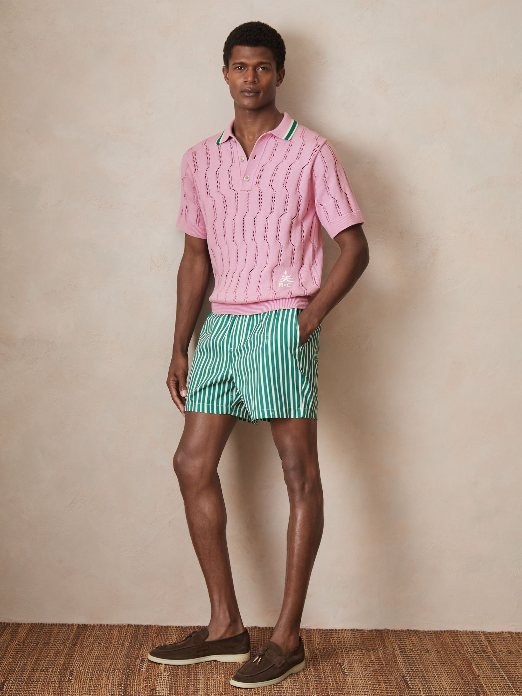 Reiss | Ché Cotton Pointelle Polo Shirt in Pink