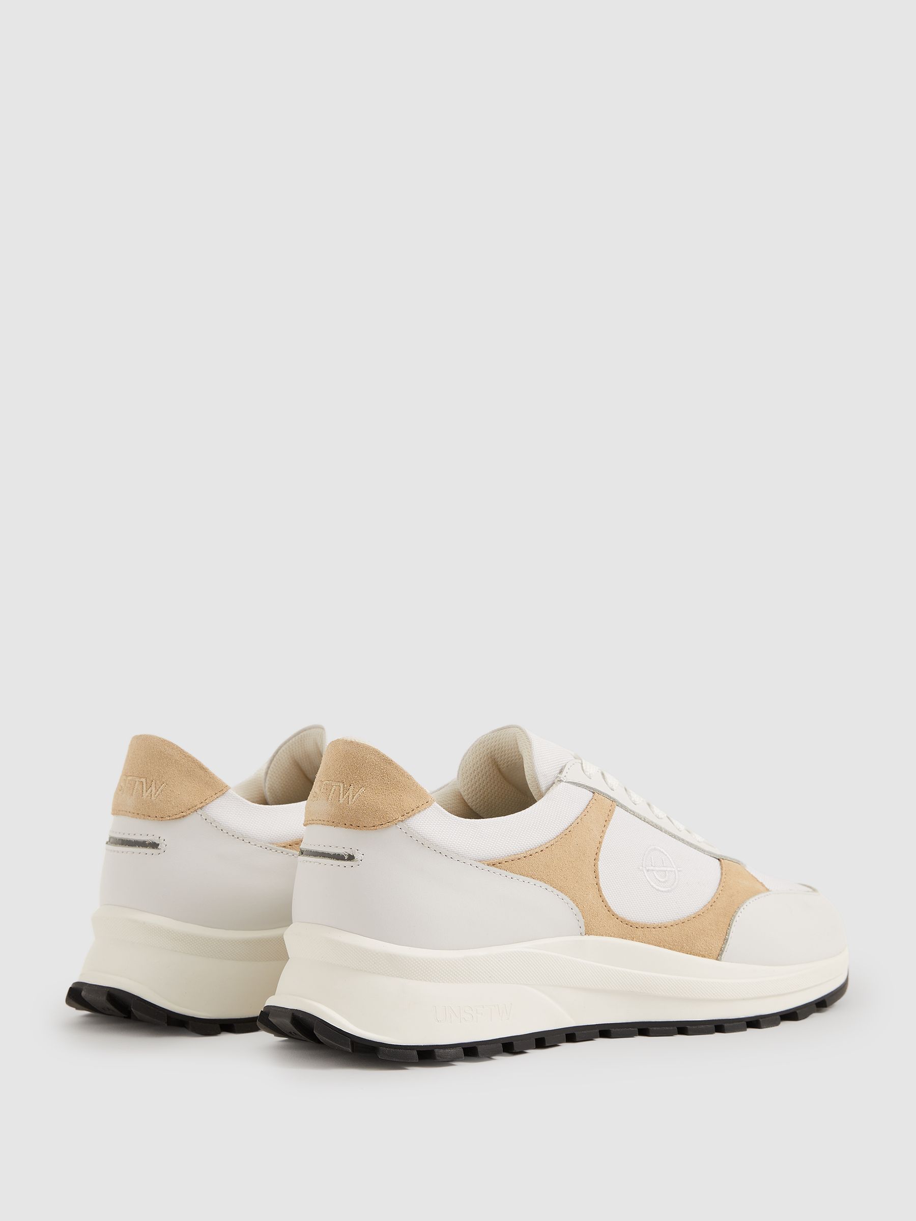 Unseen Suede Leather Colour-Block Trainers in White/Taupe