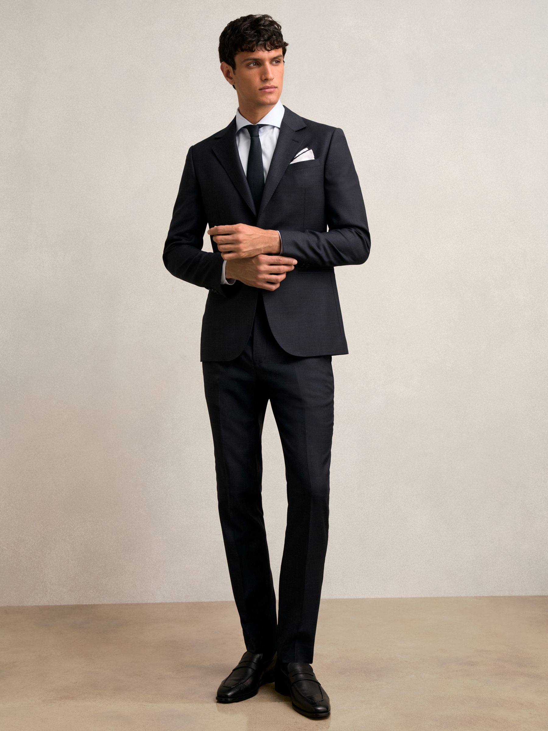 Slim-Fit Wool Single Breasted Check Suit Blazer in Navy