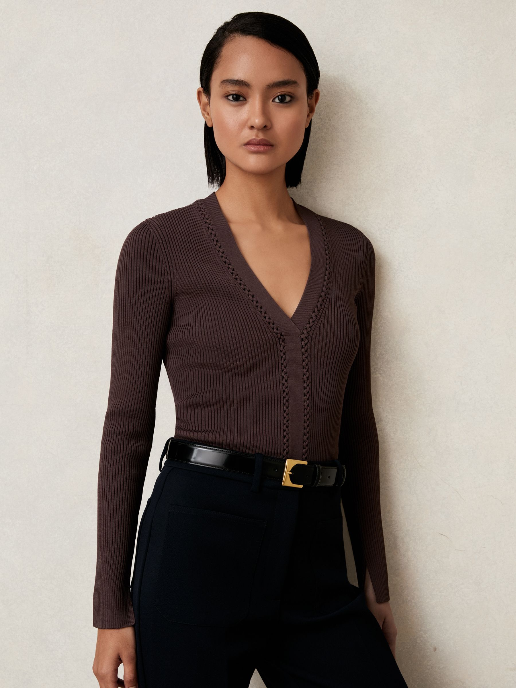 Craft-Stitch Rib-Knit Top in Mocha Brown