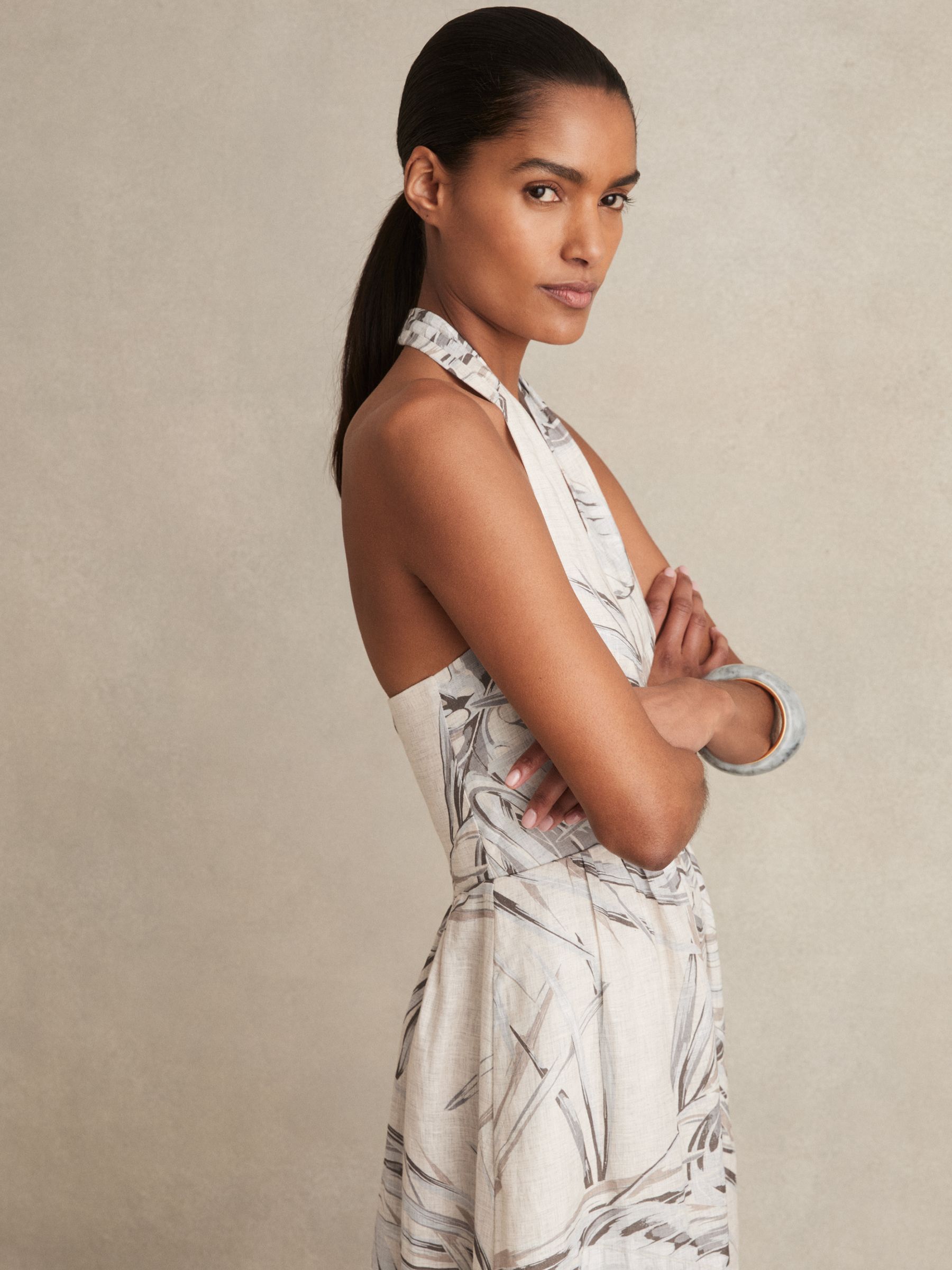 Linen Palm Print Halterneck Midi Dress in Neutral