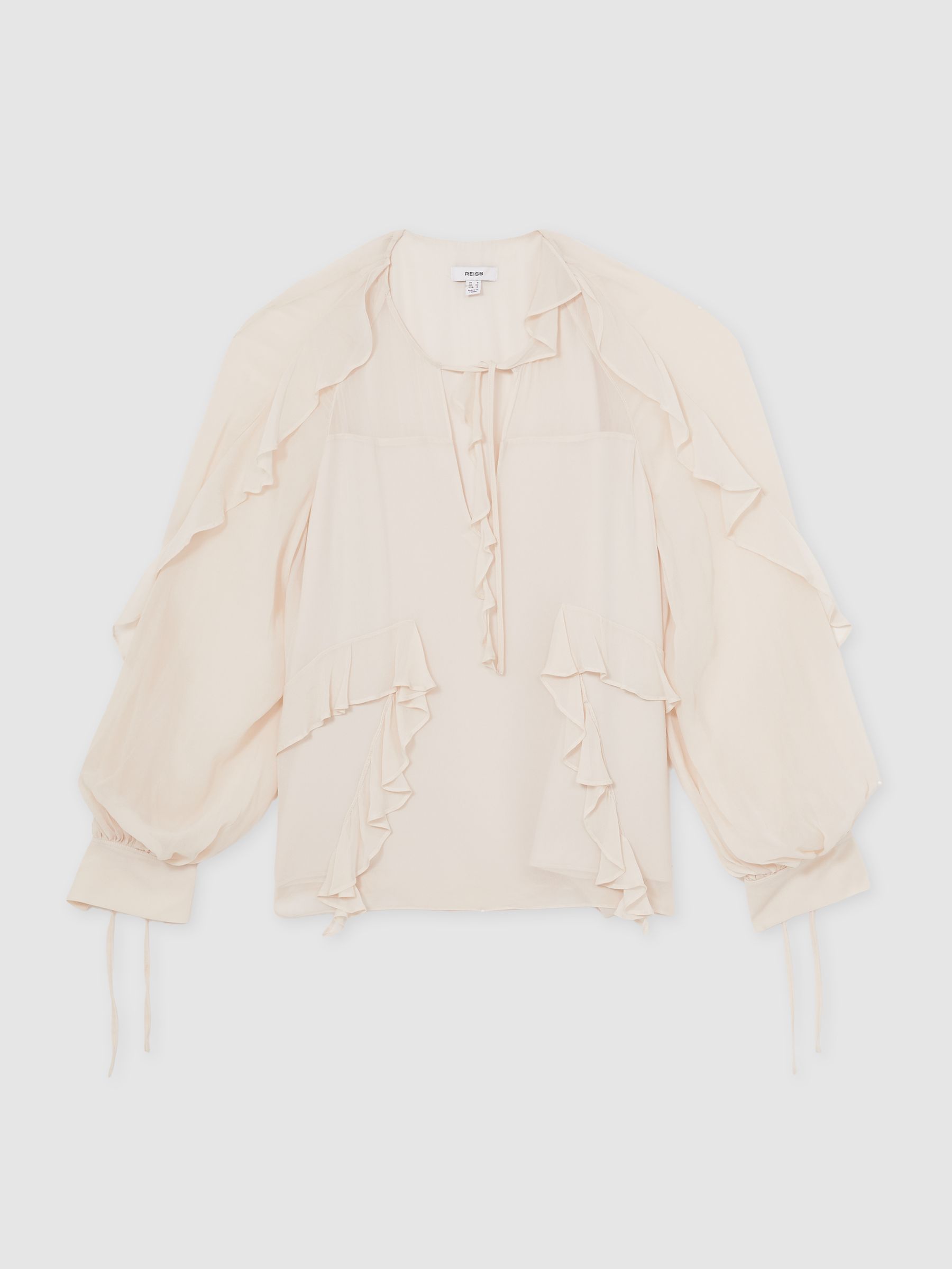 Ruffle Trim Tie Neck Top in Pale Pink