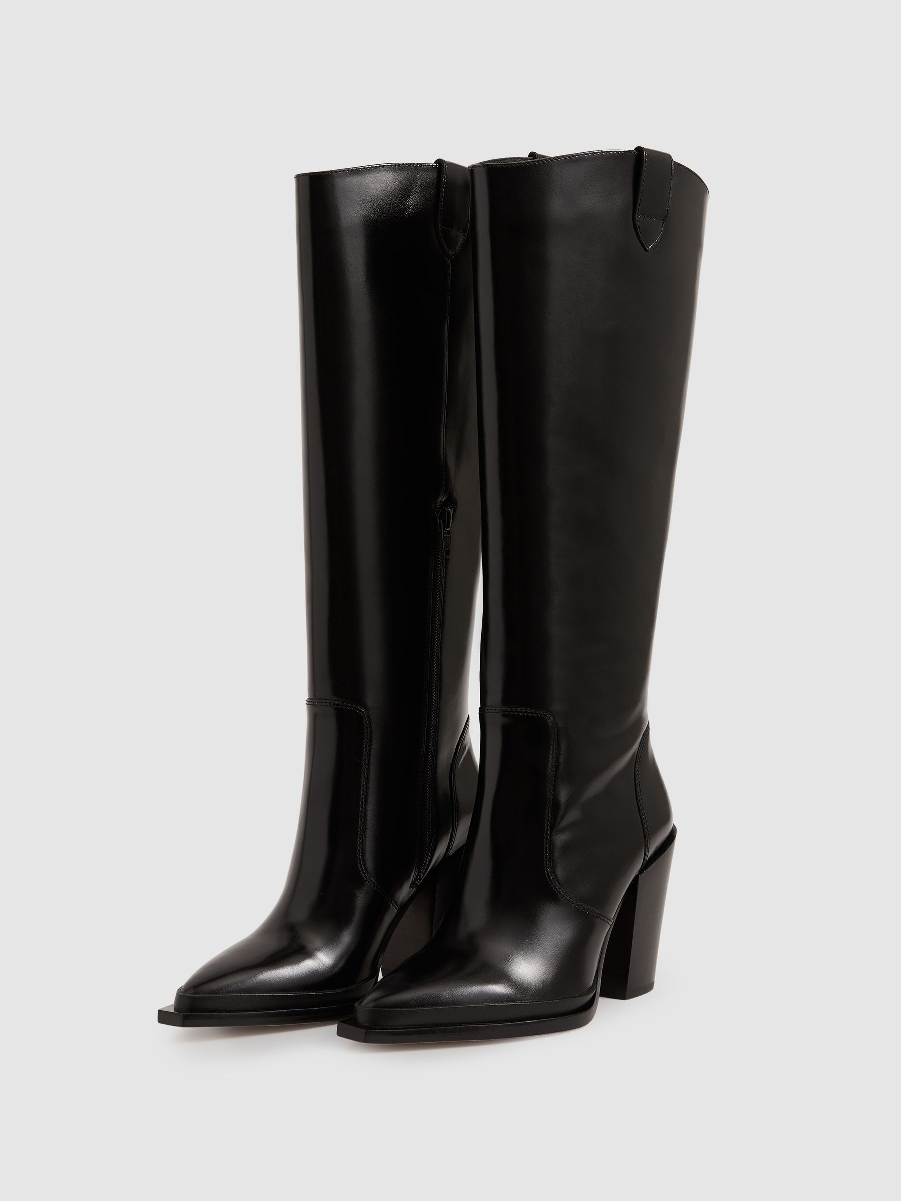 Paige Leather Knee-High Block-Heel Boots in Black